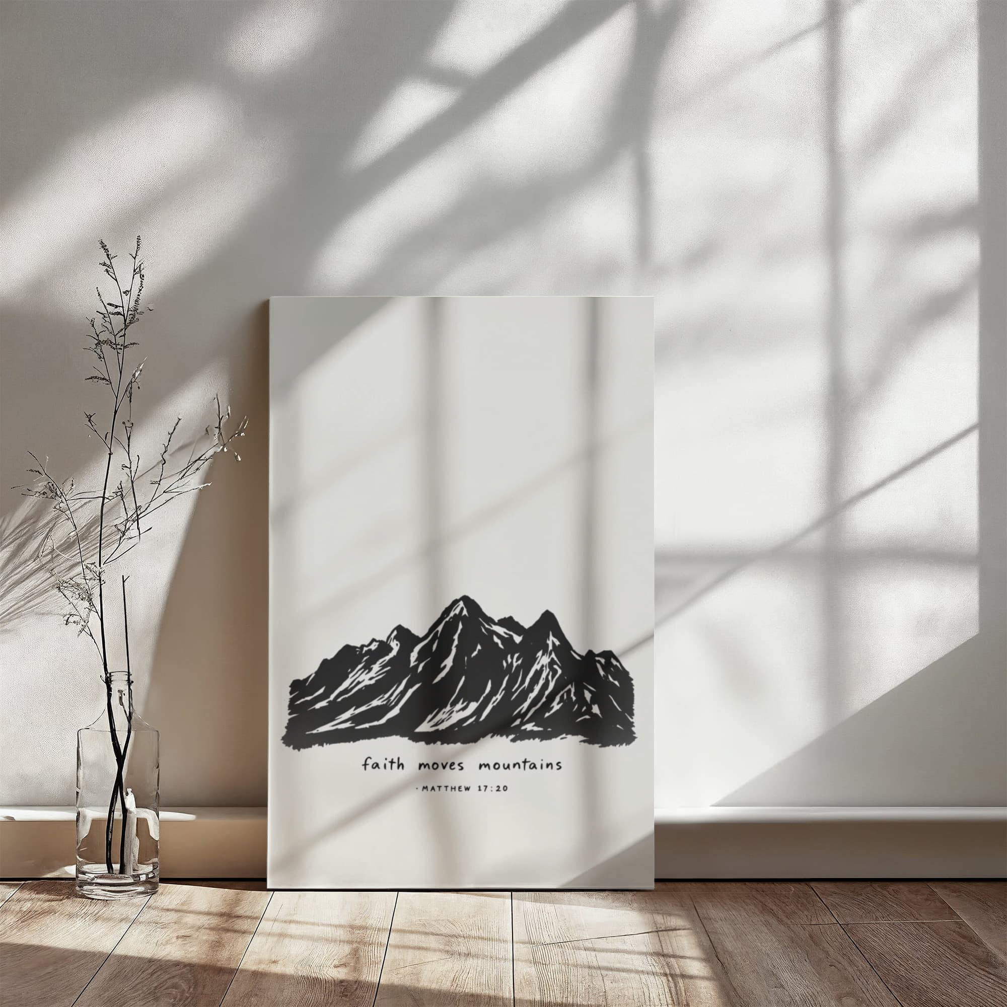 Large living room or office canvas in black and white with 'Faith Moves Mountains' Matthew 17:20