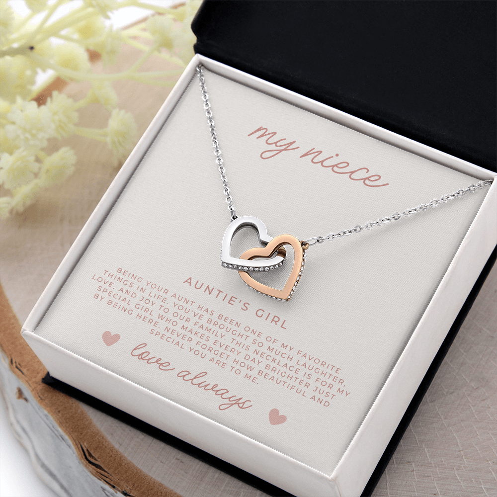 Beautiful silver and rose gold connected hearts necklace gift for niece from aunt