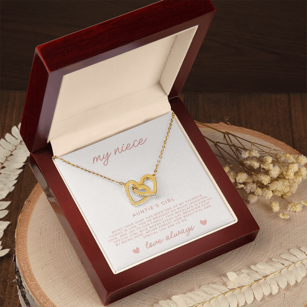 gold connected hearts necklace gift set for niece from aunty in a luxury light up gift box
