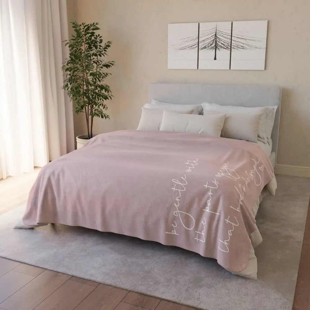 Empowering quote sherpa fleece blanket on a queen size bed from Faithful Hearts