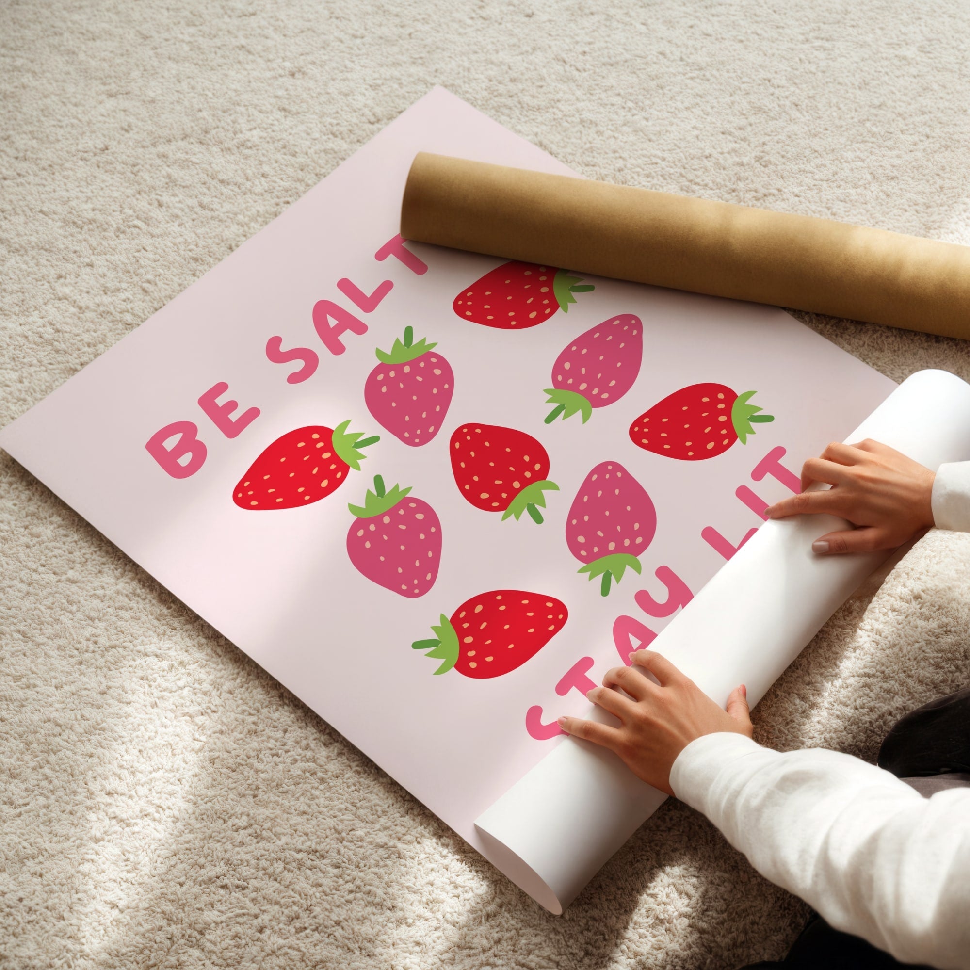 Be salty Stay lit wall art print with pink a strawberry design and bible verse. perfect for girly rooms.