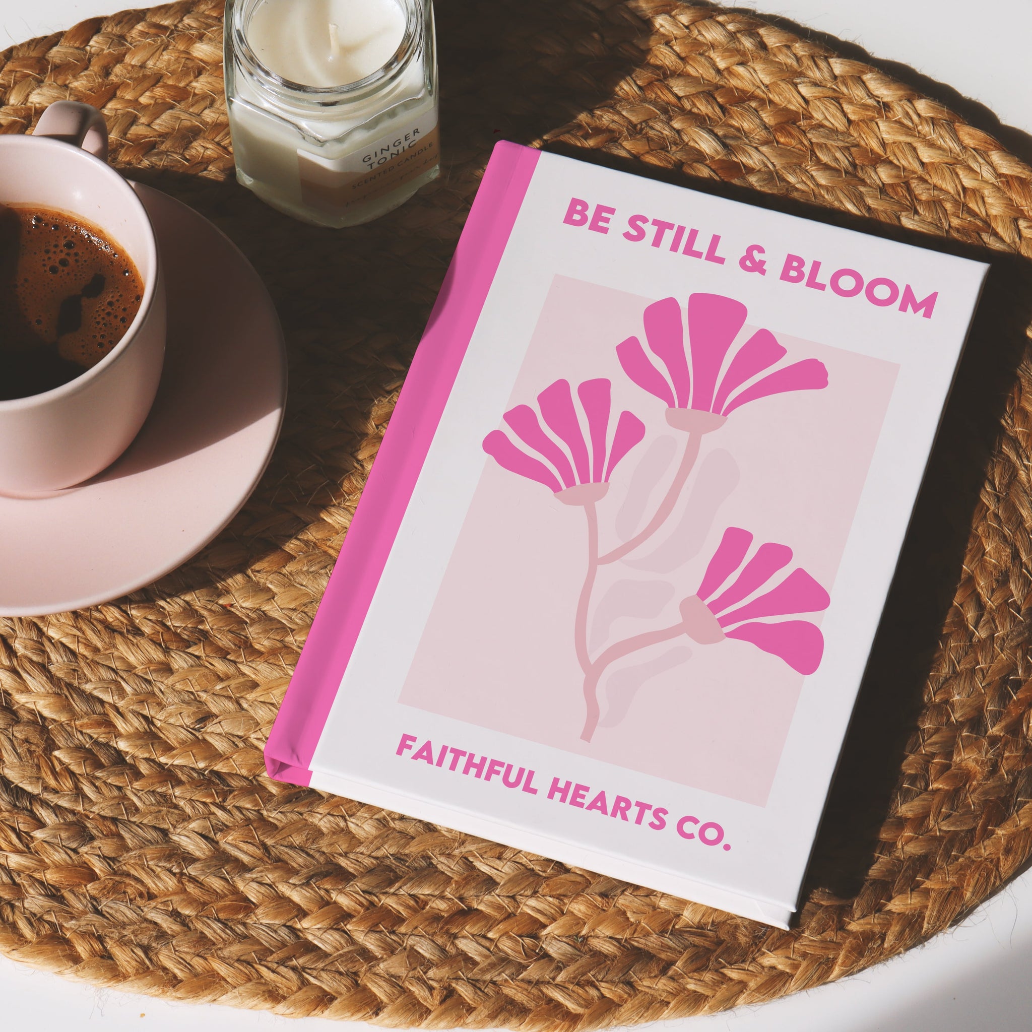 Cream hardback notebook with minimalist hot pink flowers and 