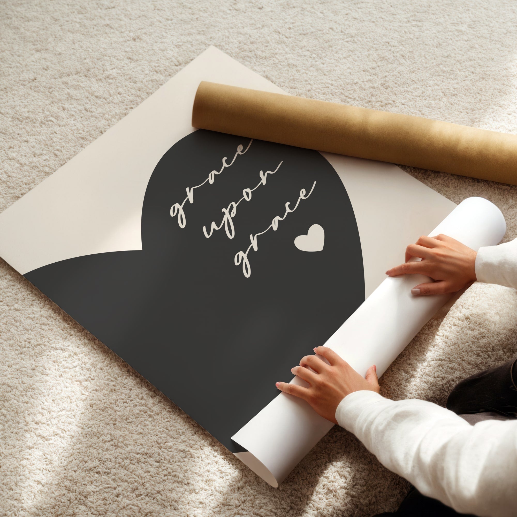 Feminine faith wall décor – Grace upon Grace minimalist charcoal print for women , ideal for modern and neutral interiors.