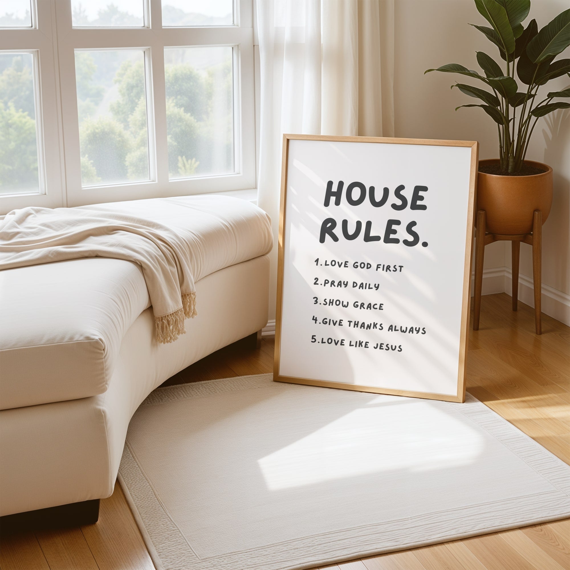 Christian home rules wall art – inspirational print with faith values for families, modern farmhouse or minimalist décor.
