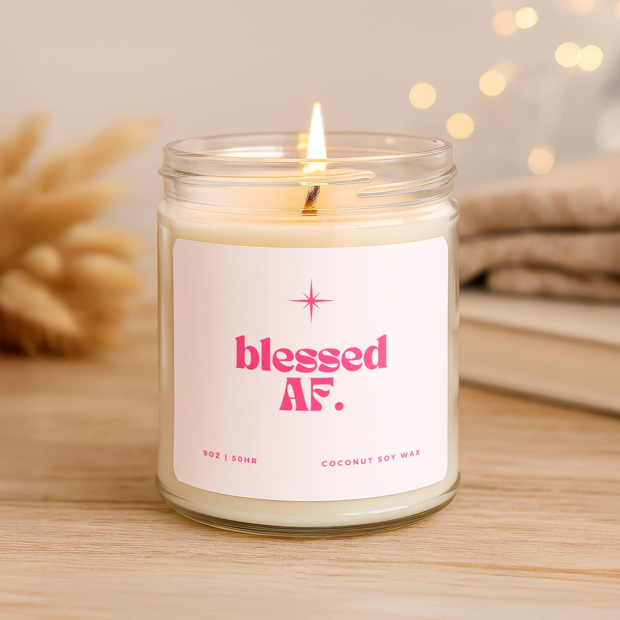 Clear jar candle with Blessed AF message, empowering and funny spiritual candle gift.
