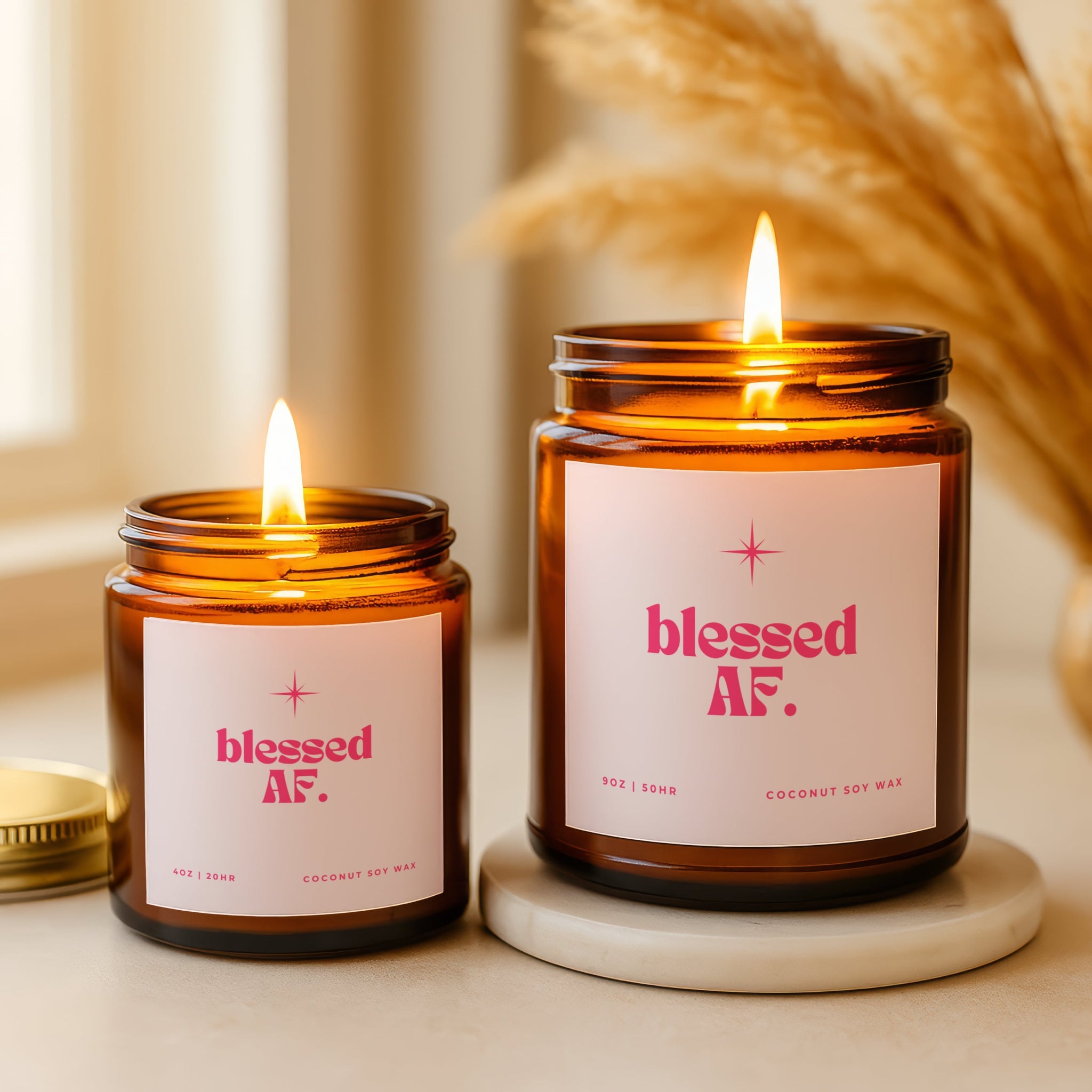 Gratitude candle blessed AF pink label amber jar confident faith gift