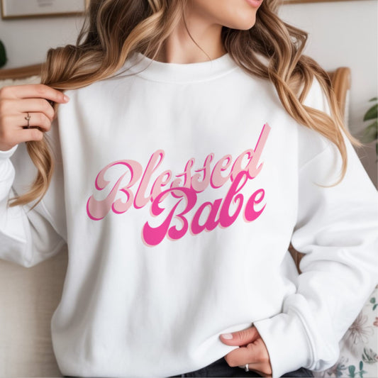 Blessed Babe Christian sweatshirt in white with barbie pink retro lettering, women's faith-based fashion crewneck