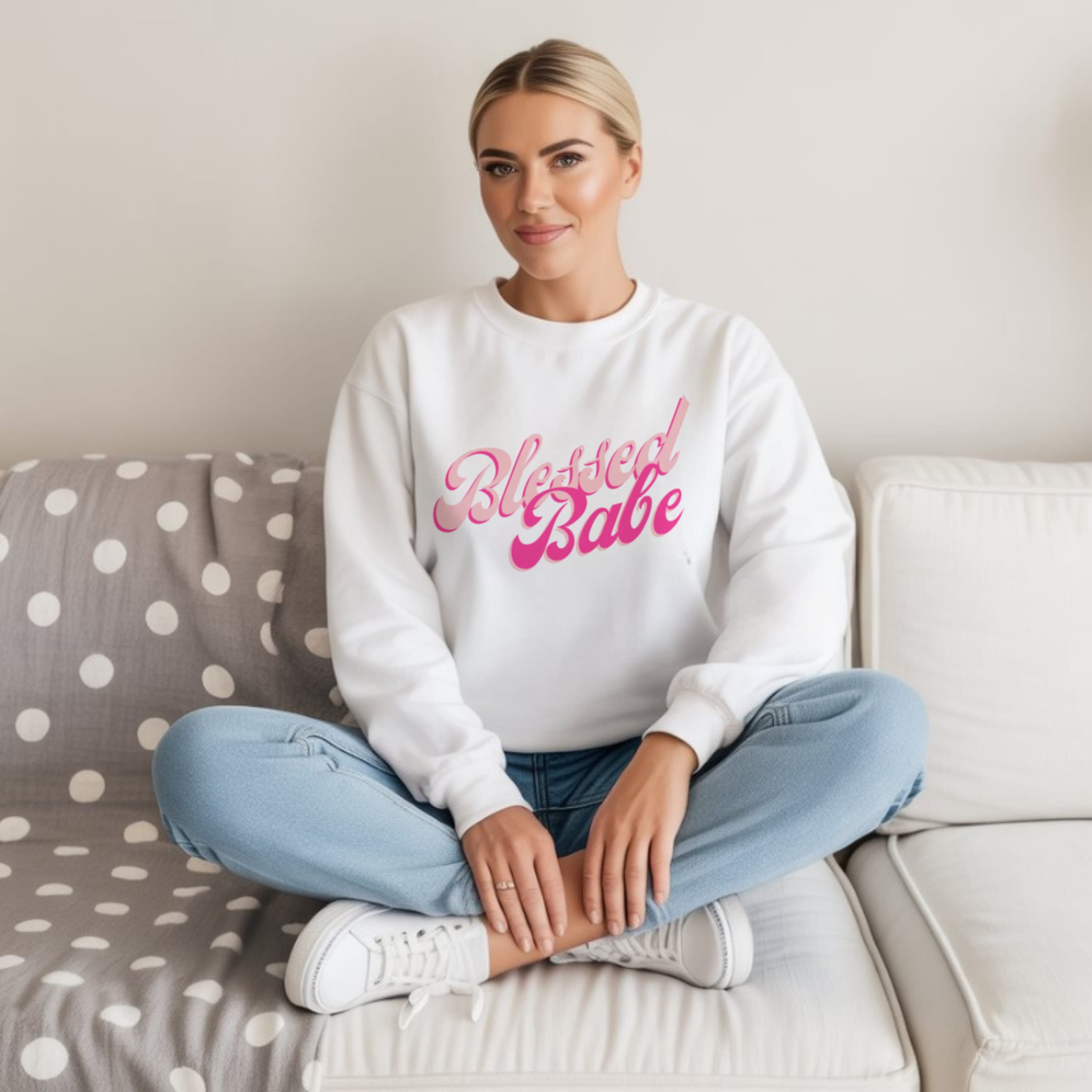 Blessed Babe crewneck sweatshirt in white with hot pink lettering, girly Christian apparel