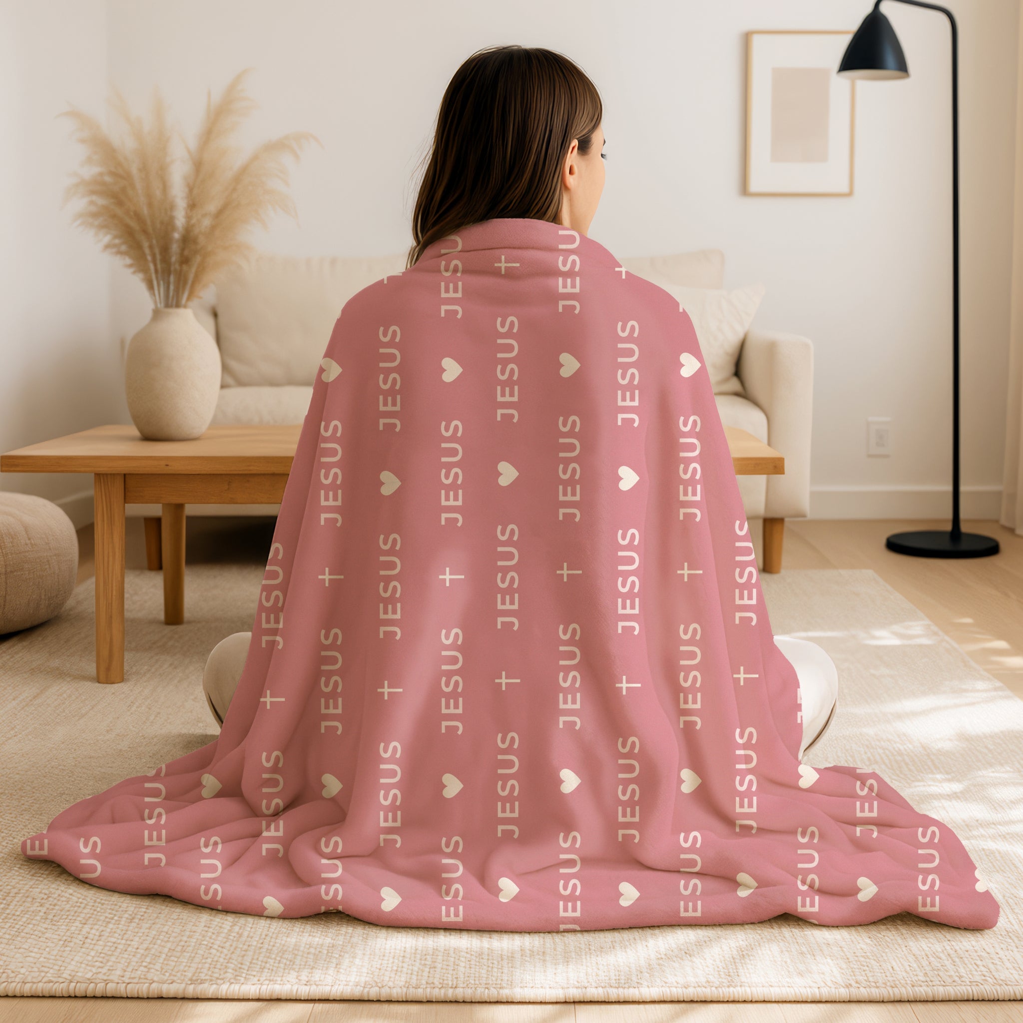 Modern Christian blanket in gentle pink with Jesus lettering