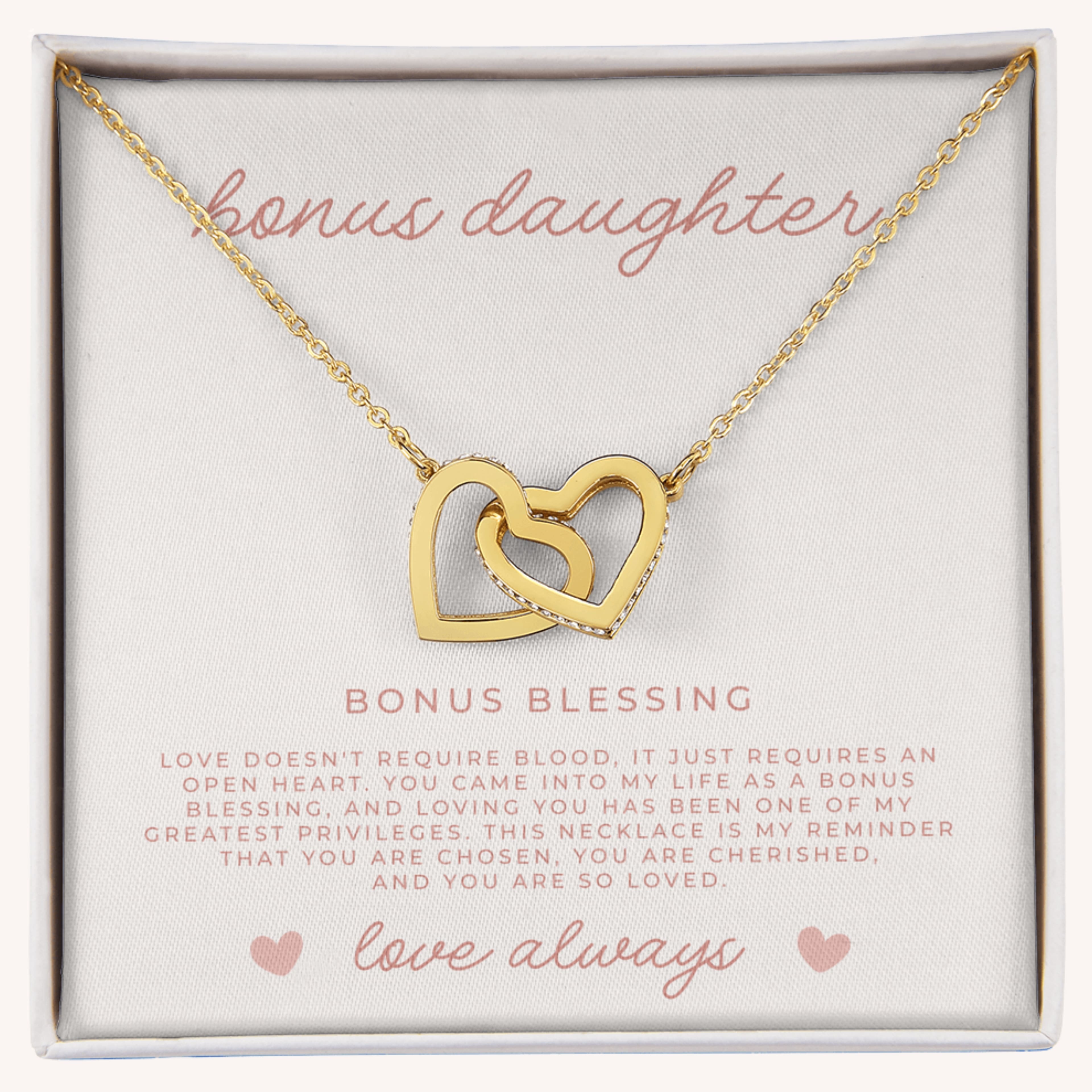 Gold hearts necklace gift for bonus daughter in gold with message card and gift box
