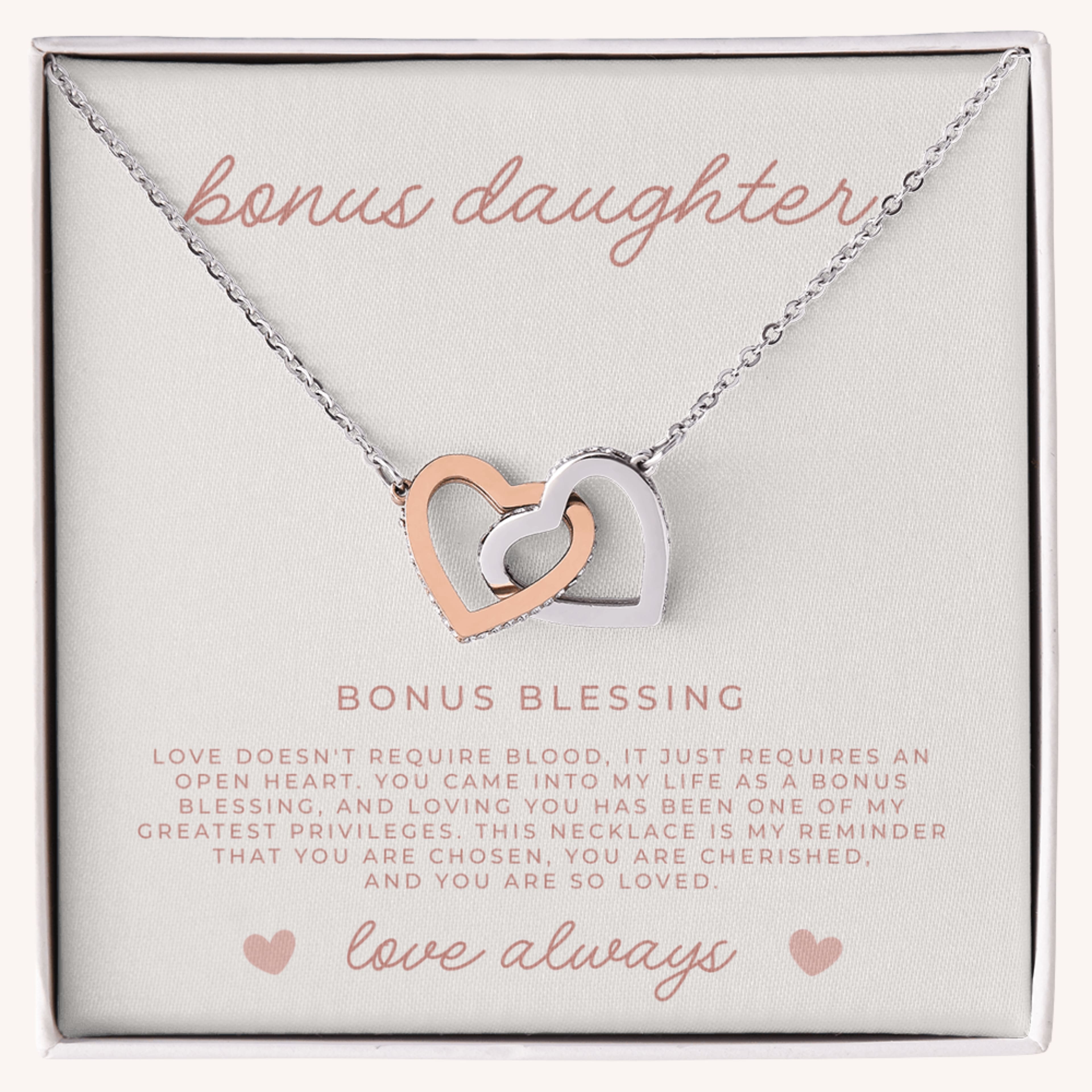 Interlocked hearts necklace gift for bonus daughter in silver and rose gold with faith message card and gift box