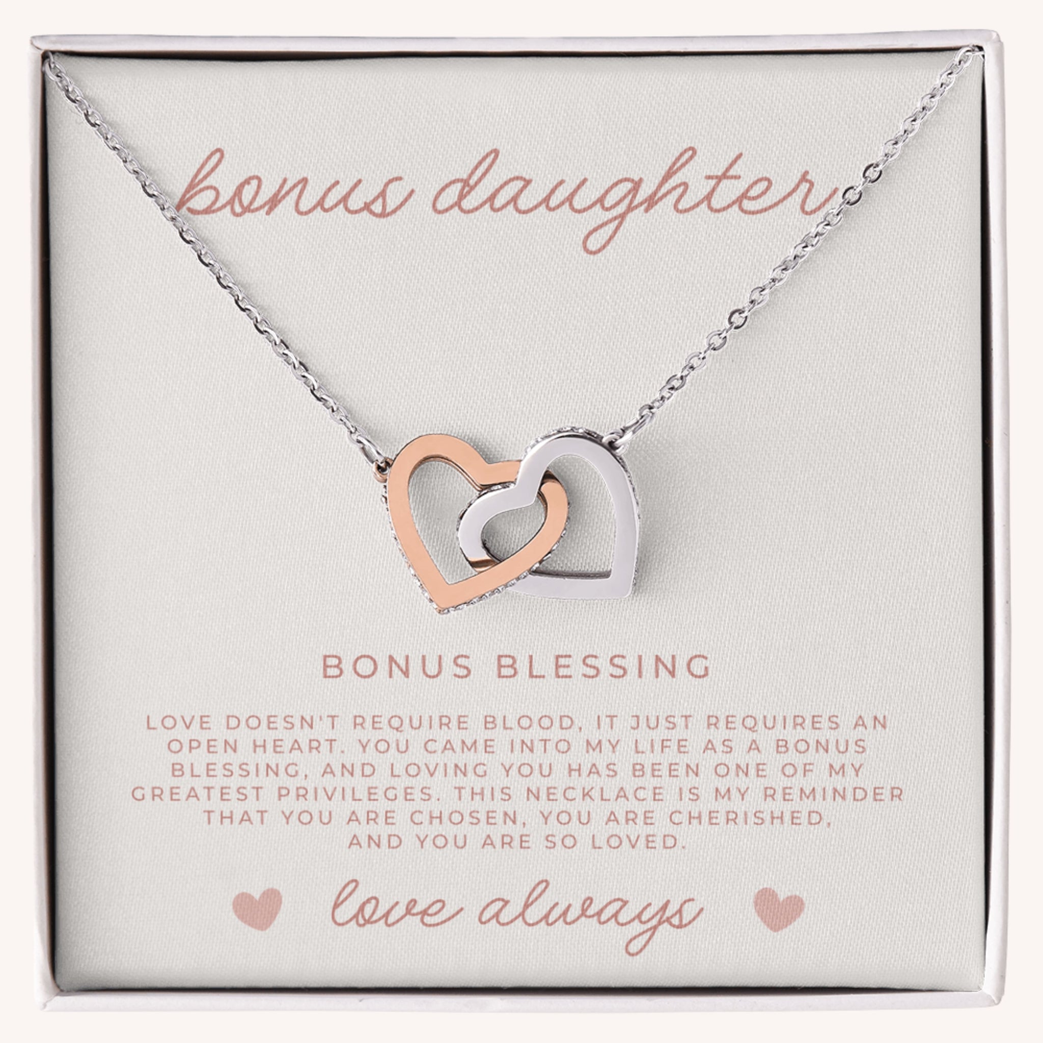 Interlocked hearts necklace gift for bonus daughter in silver and rose gold with faith message card and gift box