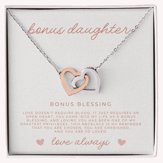 Interlocked hearts necklace gift for bonus daughter in silver and rose gold with faith message card and gift box