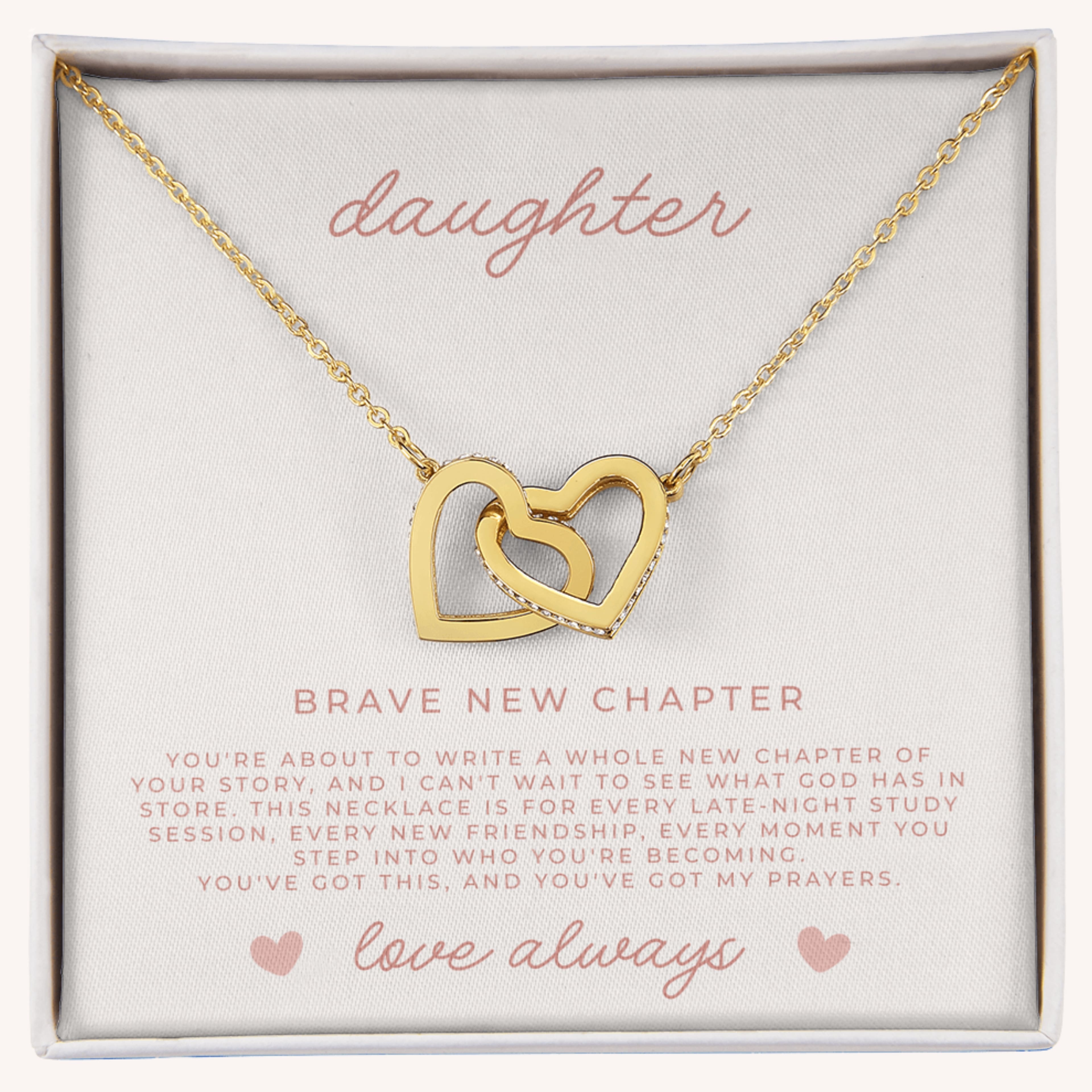 Beautiful connected hearts pendant necklace for daughter's graduation or college send-off gift