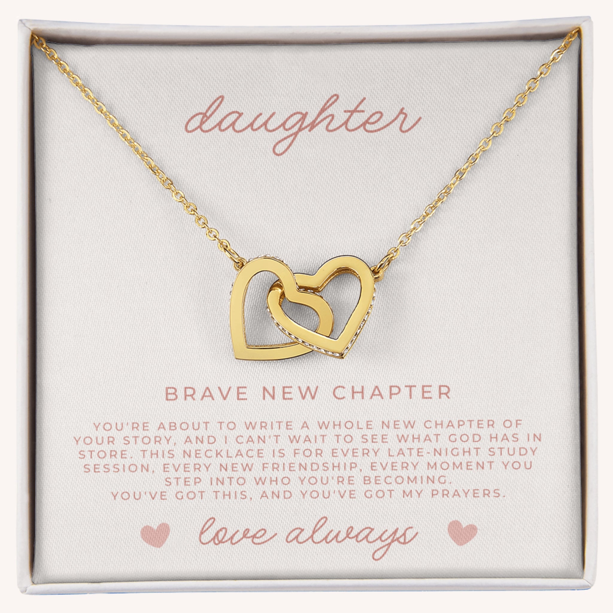 Beautiful connected hearts pendant necklace for daughter's graduation or college send-off gift