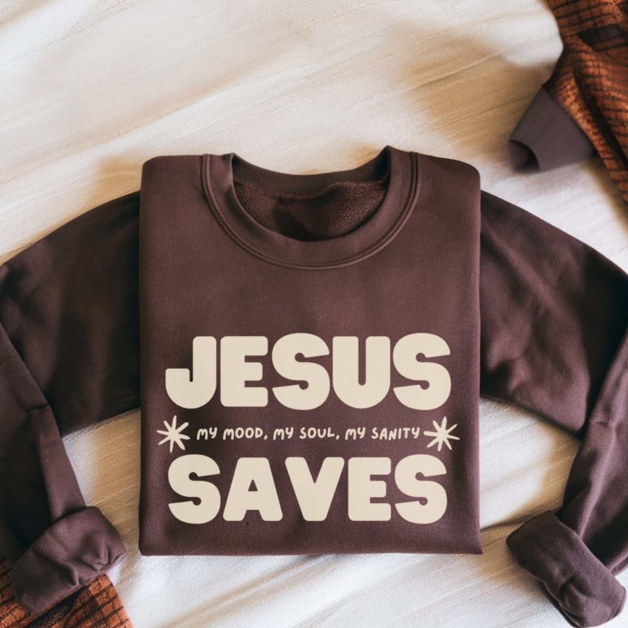 Jesus Saves Christian sweatshirt in chocolate brown and cream