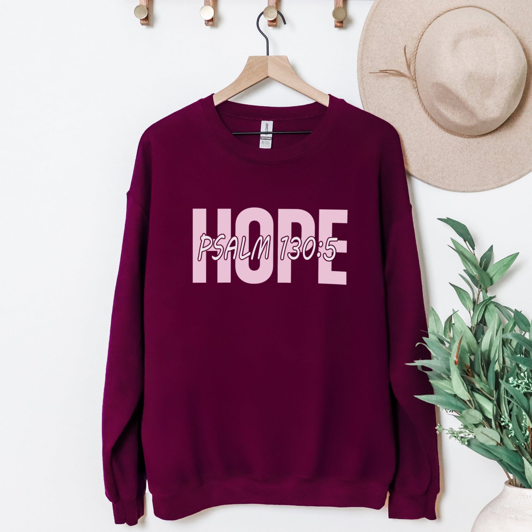 Burgundy Hope sweatshirt with Psalm 130:5 hanging display - maroon Christian faith crewneck clothing