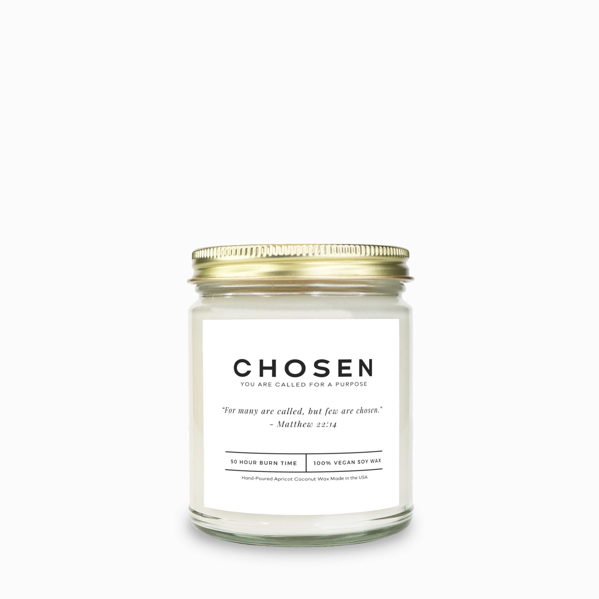 Clear jar Christian candle with a modern minimalist label featuring an uplifting quote.