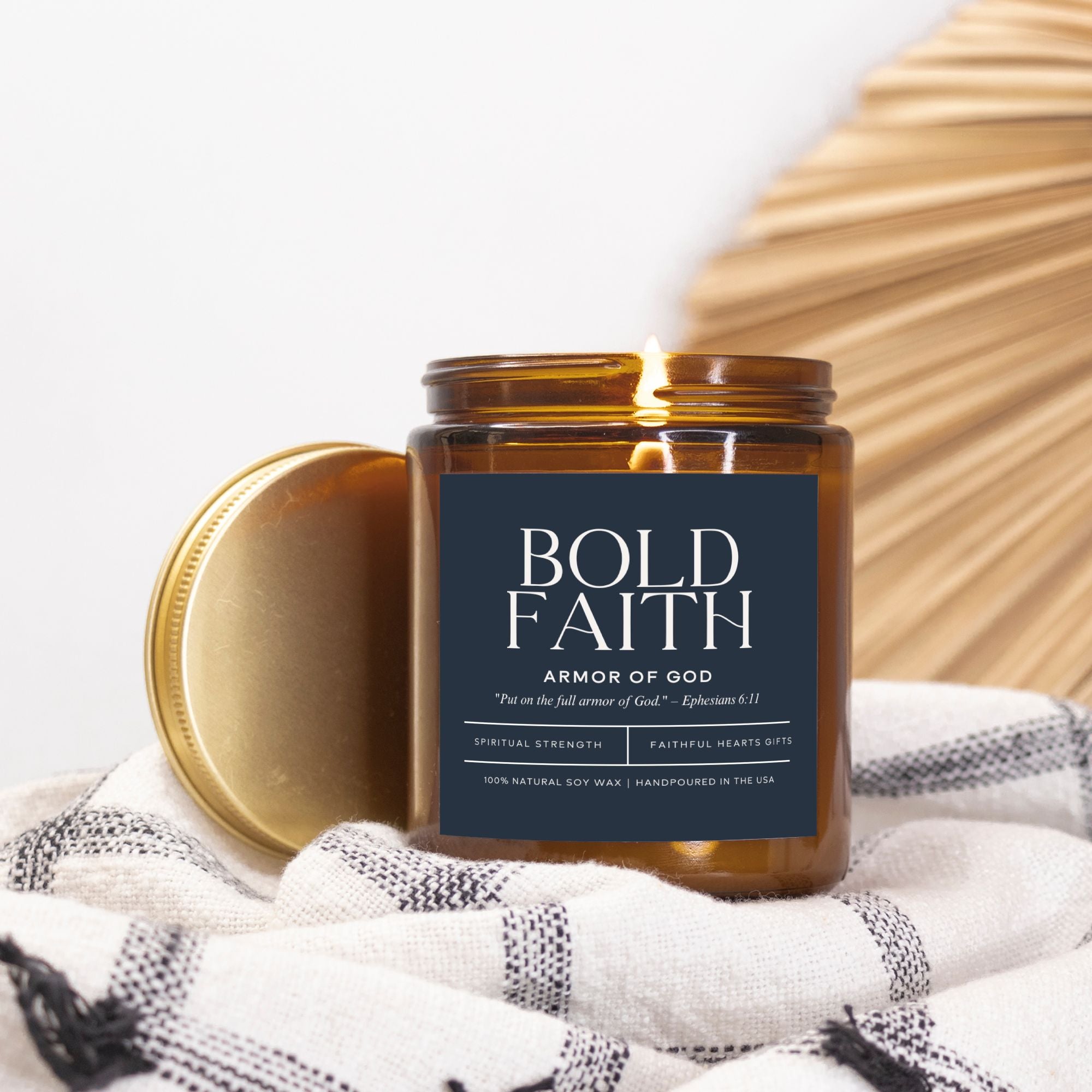 Non-toxic soy candle for men with earthy, rich fragrances and Scripture-inspired design.