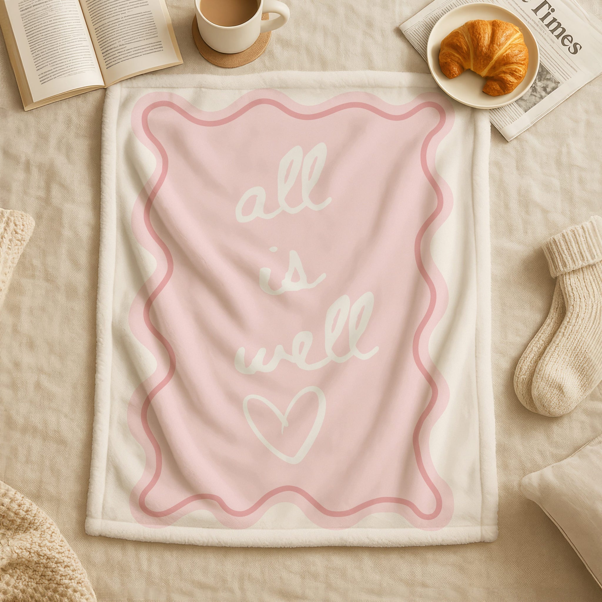 Soft faith-based throw blanket featuring All is Well text in cute design