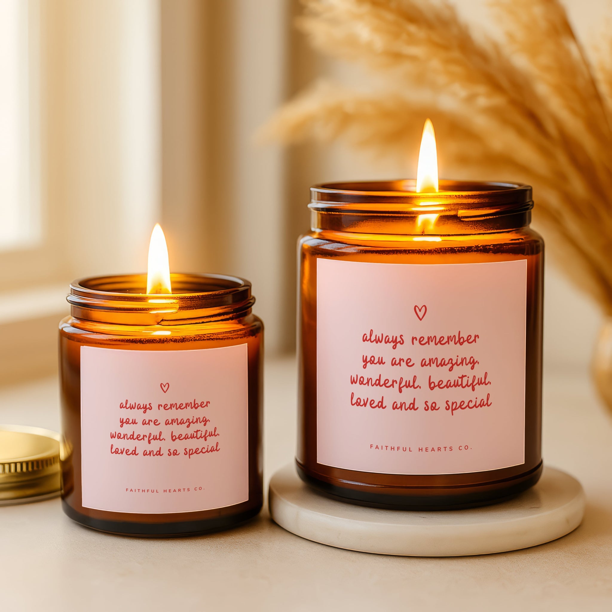 Amber jar faith candle reading “You are amazing, wonderful, beautiful, loved and special,” perfect inspirational wellness gift for women.