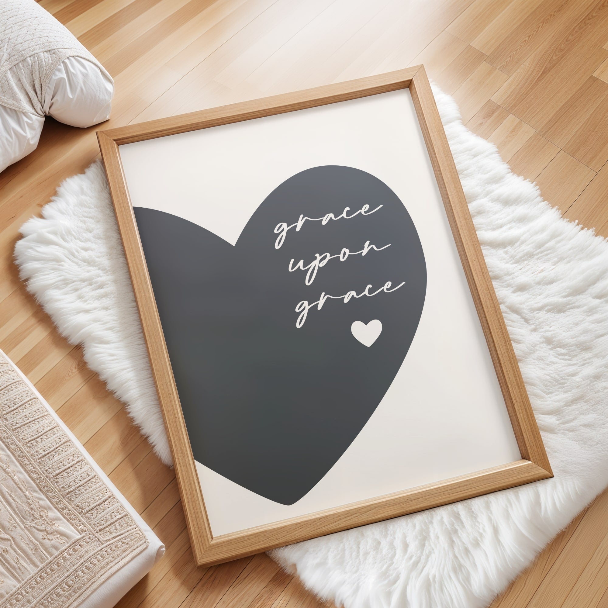Grace upon Grace charcoal wall art print, simple Christian décor for bedrooms, nurseries, and prayer corners.