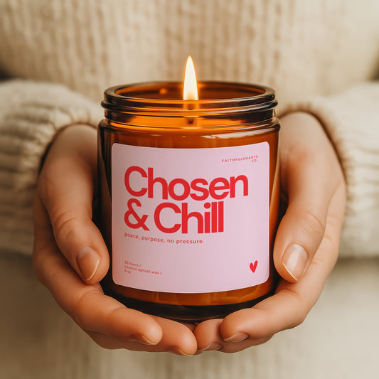 Chosen and Chill faith candle in amber glass jar with pink label and red typography, hand poured coconut apricot wax candle made in USA