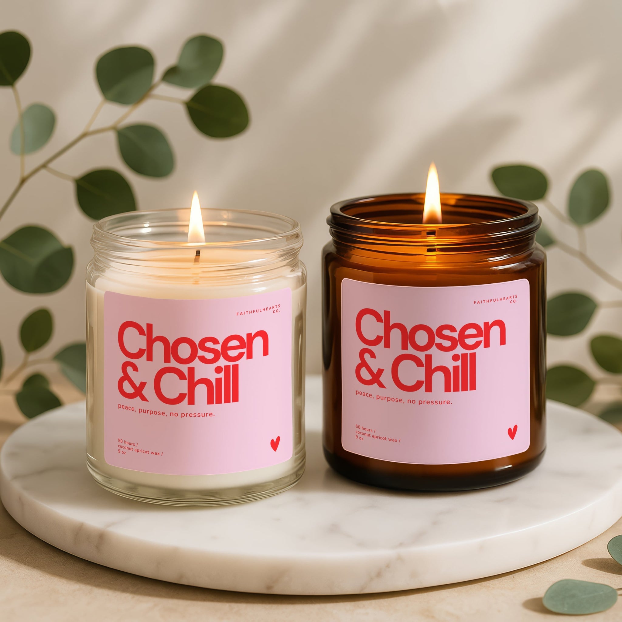 Faithful Hearts Chosen and Chill candle in amber glass jar, pink label with red lettering, eco-friendly coconut apricot wax, inspirational gift candle.