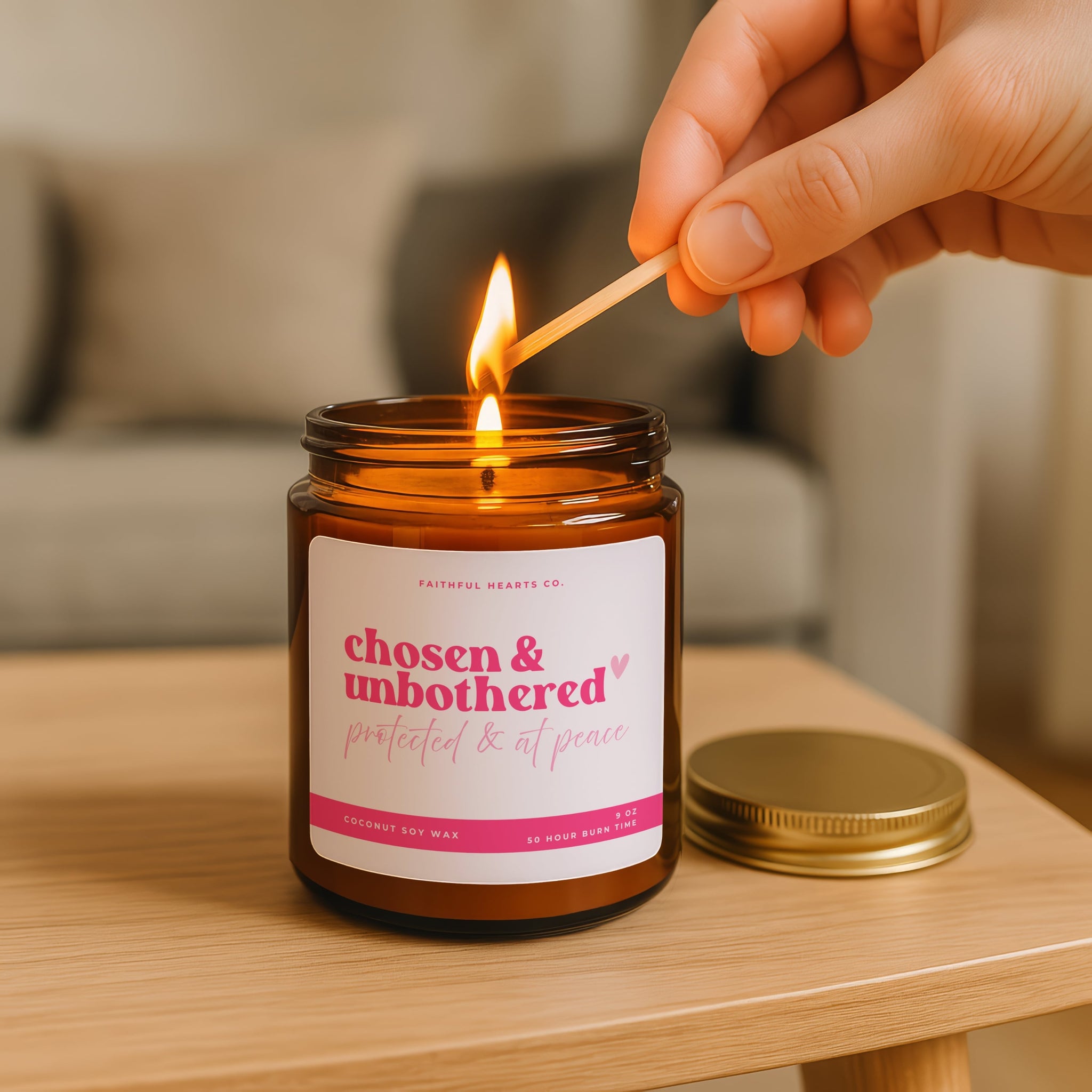amber jar candle with chosen and unbothered on the pink label, cute christian girl gift