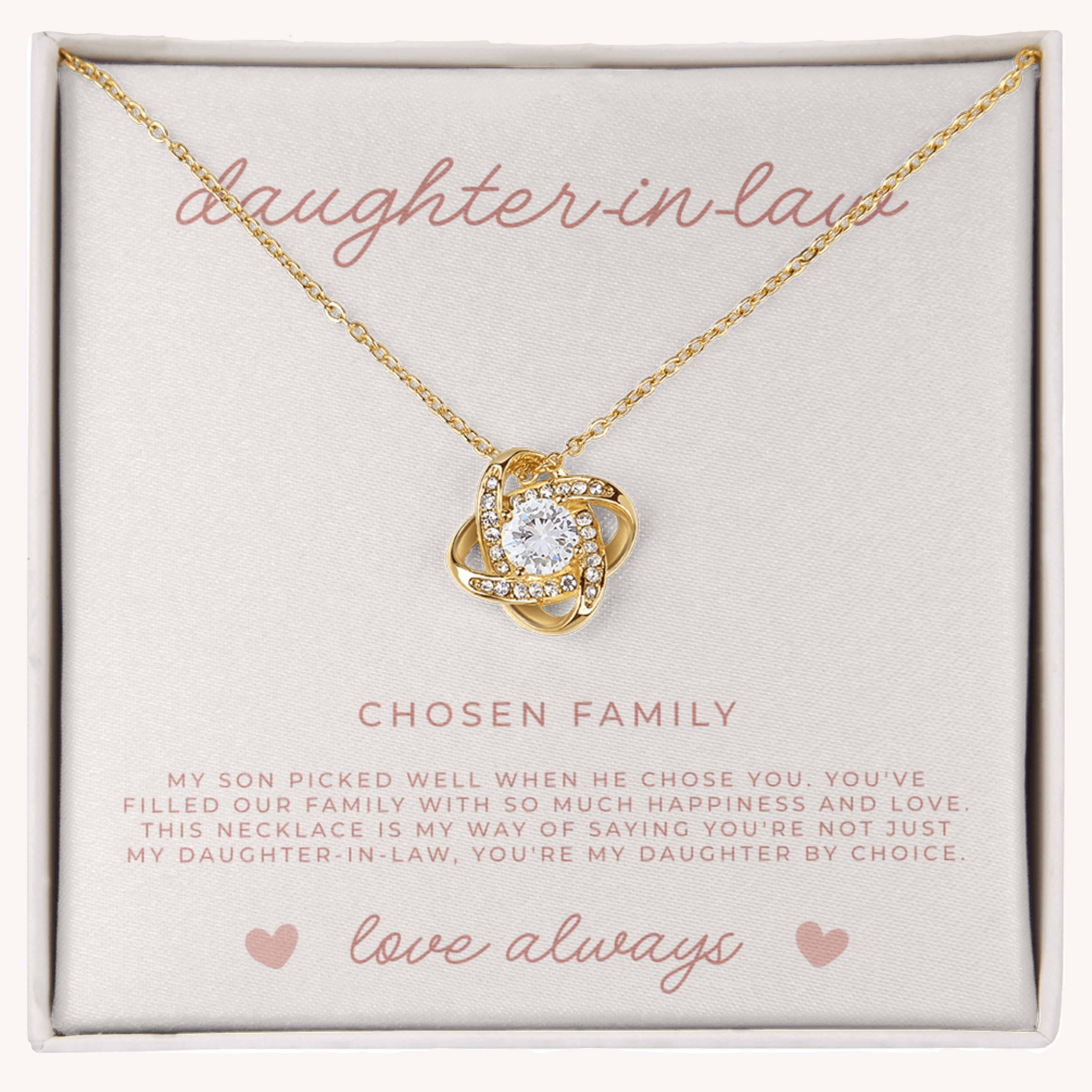 Gold love knot necklace gift set for daughter-in-law with sparkling CZ crystals and meaningful message card