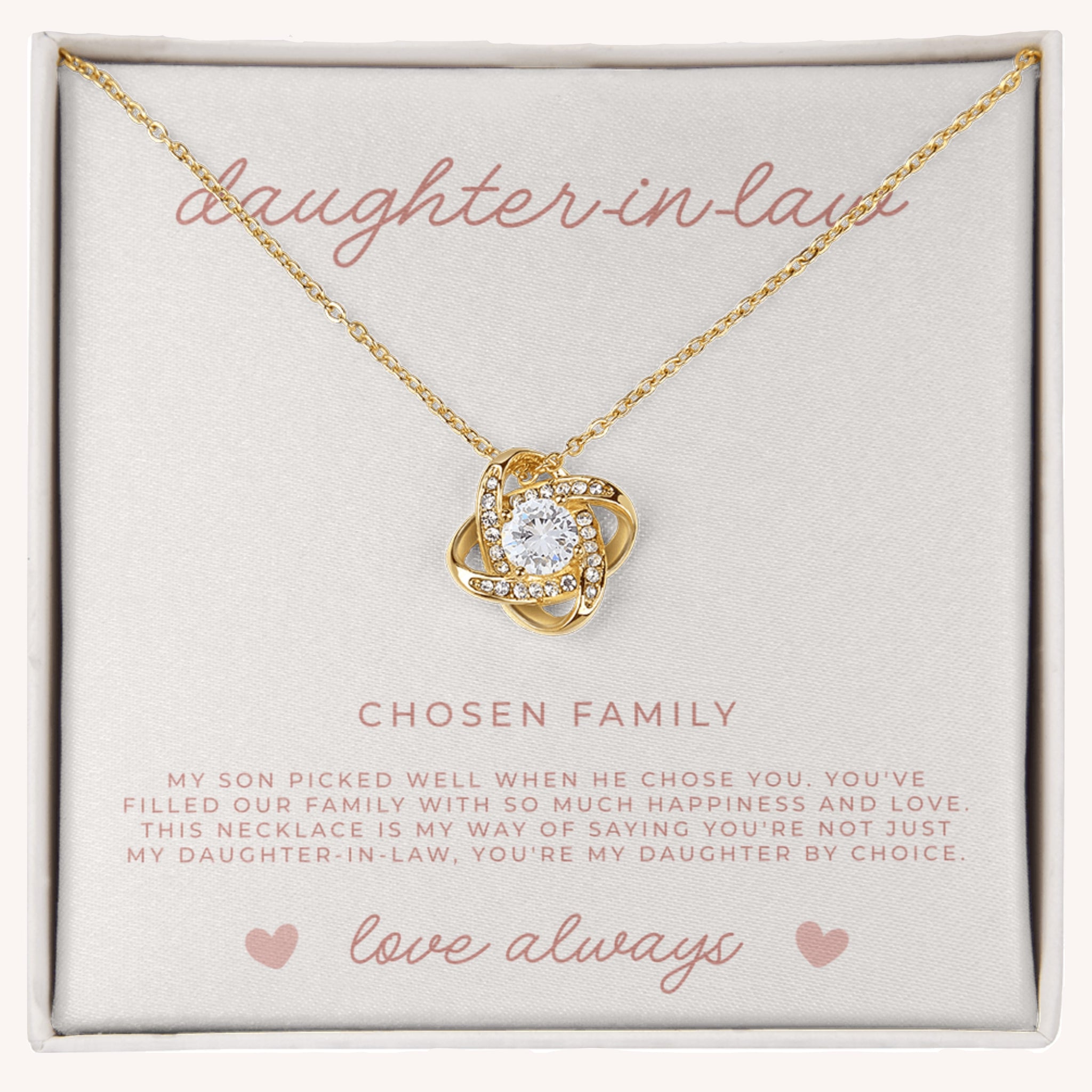 Gold love knot necklace gift set for daughter-in-law with sparkling CZ crystals and meaningful message card