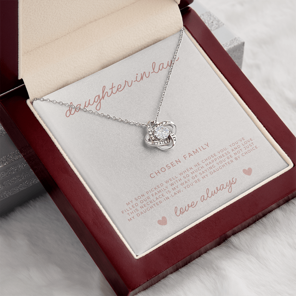 Silver love knot necklace with message card to daughter in law inside luxury light up gift box