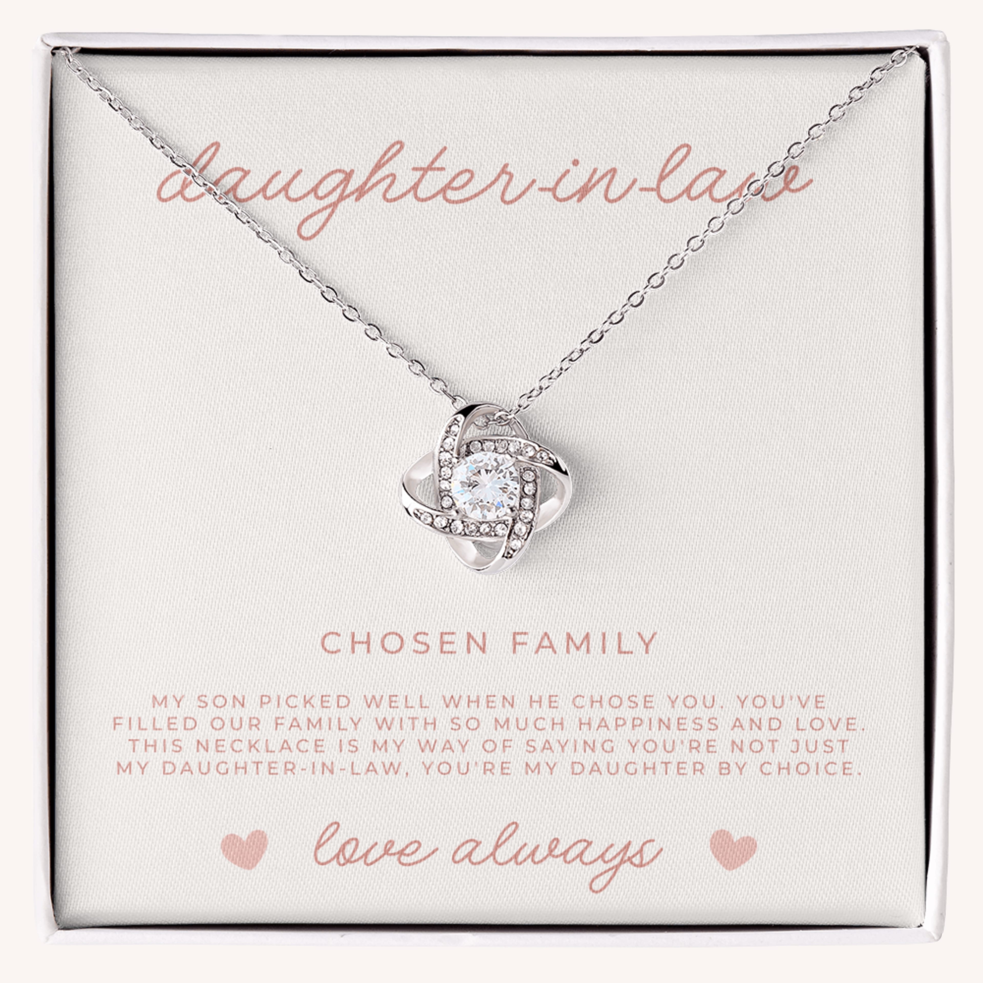 Beautiful love knot necklace for daughter-in-law with sparkling CZ crystals and meaningful message card