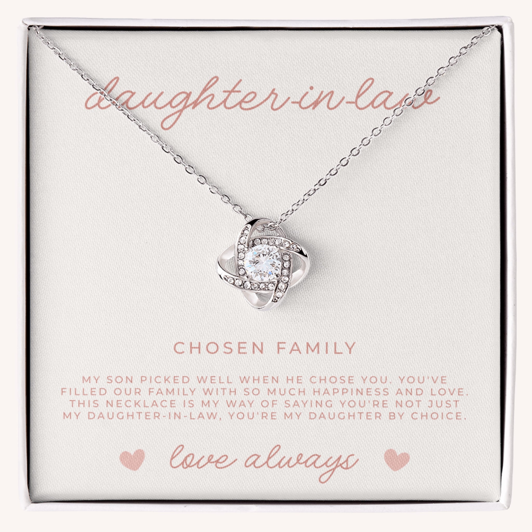 Beautiful love knot necklace for daughter-in-law with sparkling CZ crystals and meaningful message card