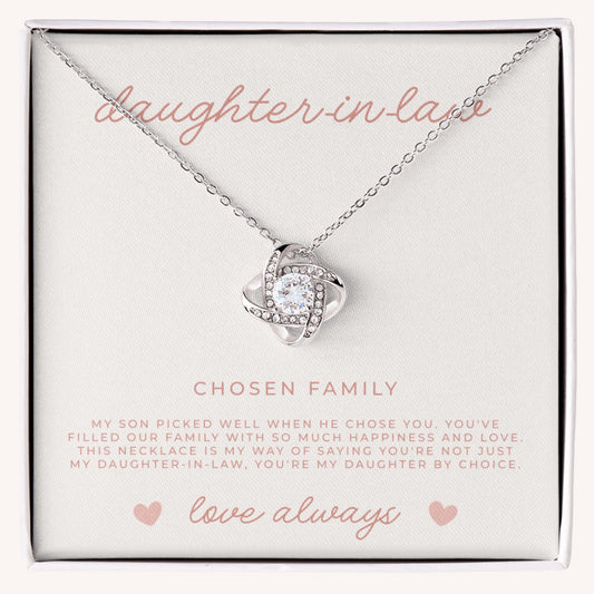 Beautiful love knot necklace for daughter-in-law with sparkling CZ crystals and meaningful message card