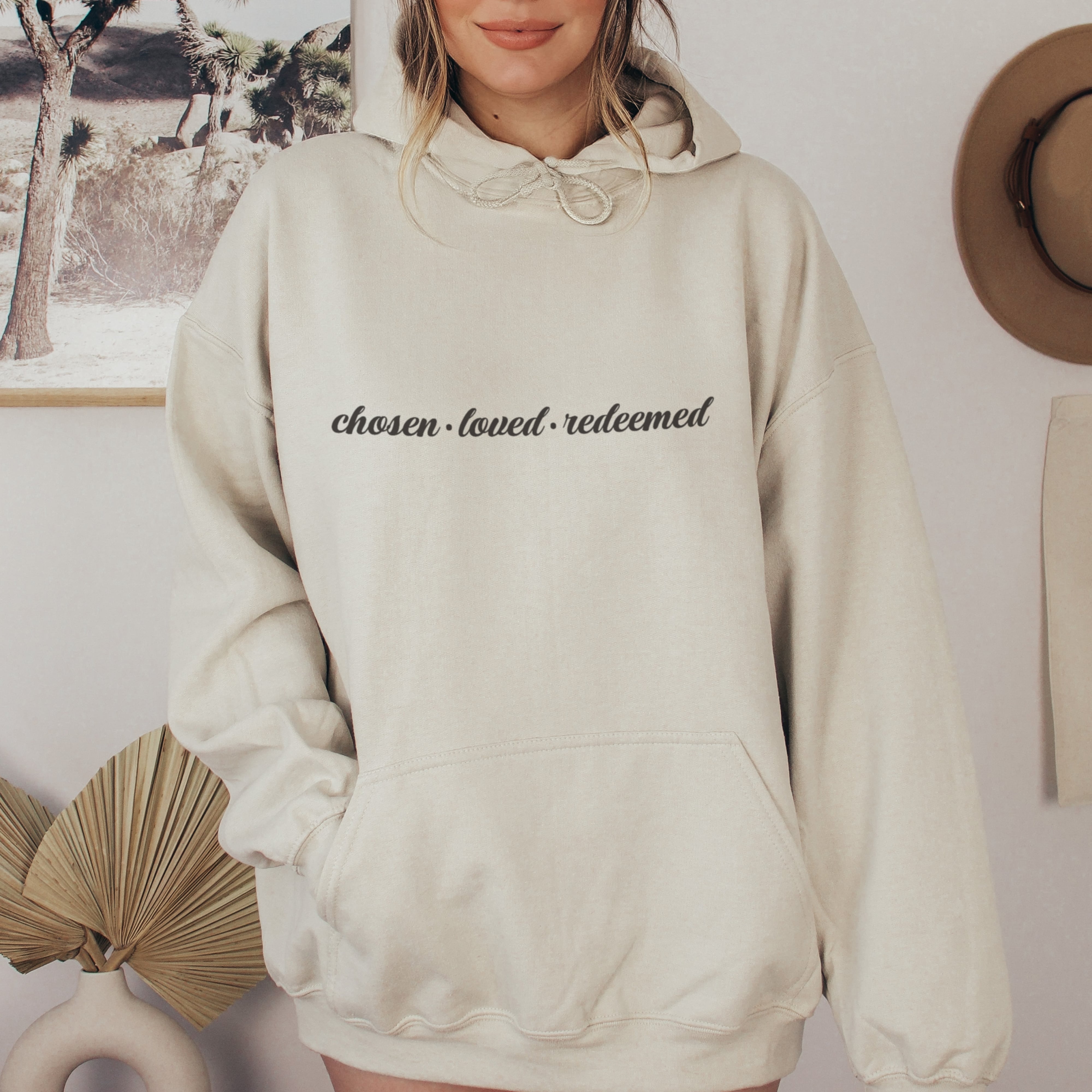 Woman in sand beige chosen loved redeemed hoodie, neutral Christian faith sweatshirt for women