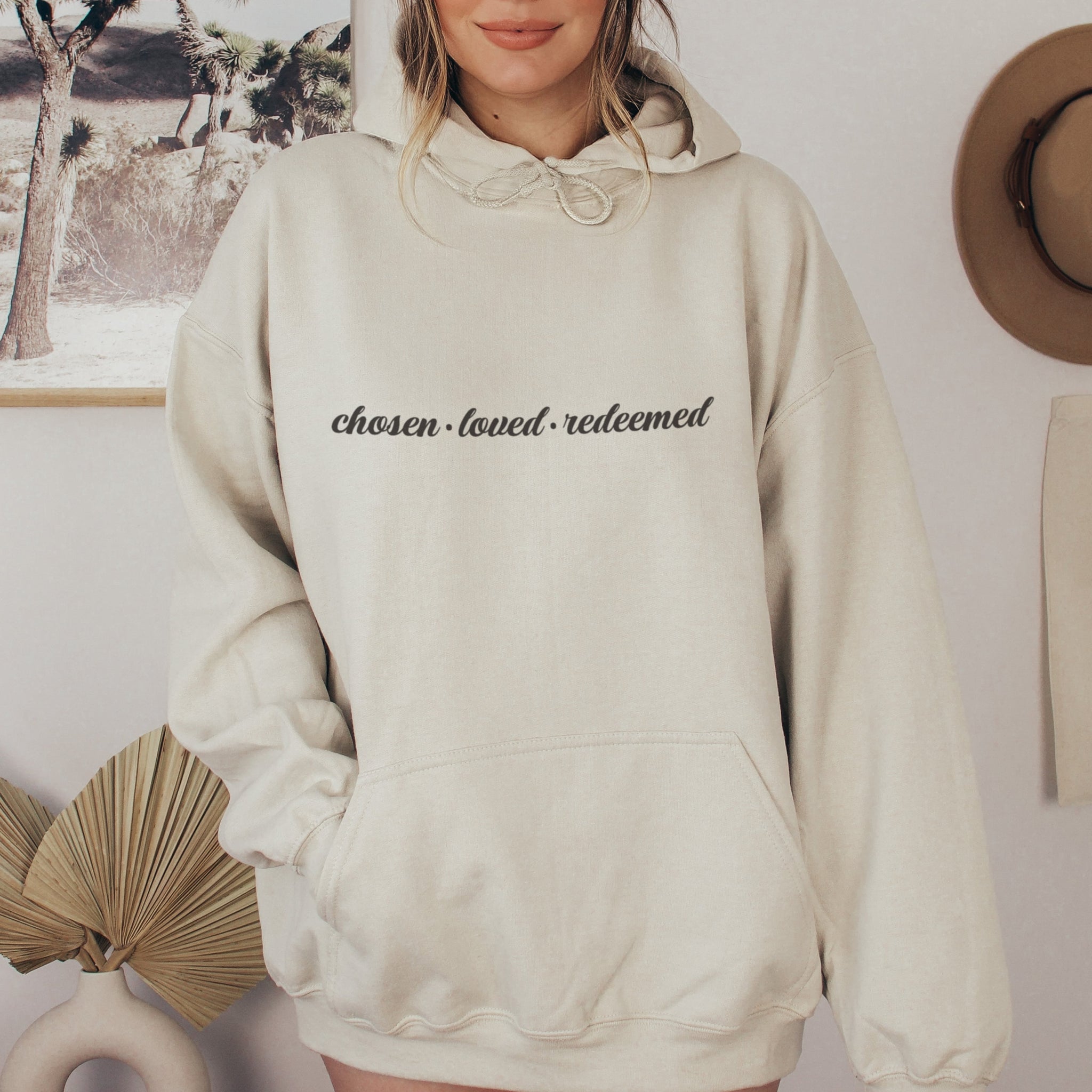 Woman in sand beige chosen loved redeemed hoodie, neutral Christian faith sweatshirt for women