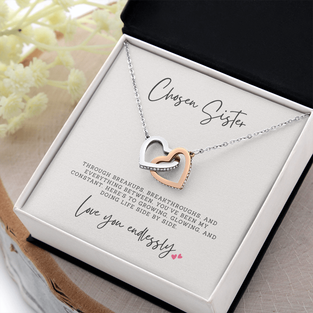 Meaningful friendship gift with sentimental message card and packaging, interlocked hearts necklace silver and rose gold