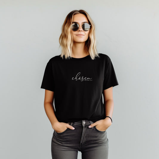 Black Christian T-shirt with "Chosen – 1 Peter 2:9" printed on the front