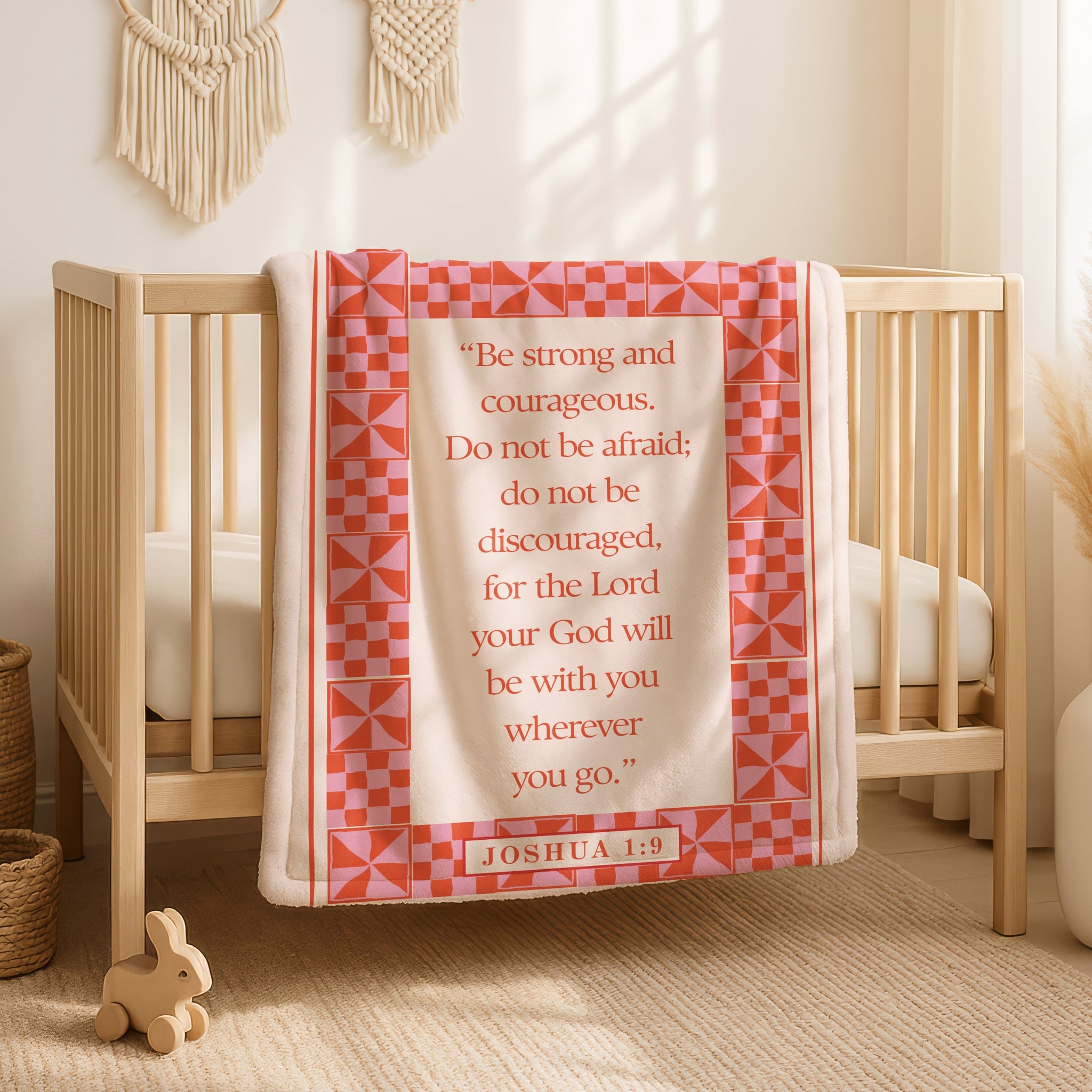 Christian gift blanket with Joshua 1:9 Bible verse, coral and pink retro quilt border, perfect encouragement or graduation present