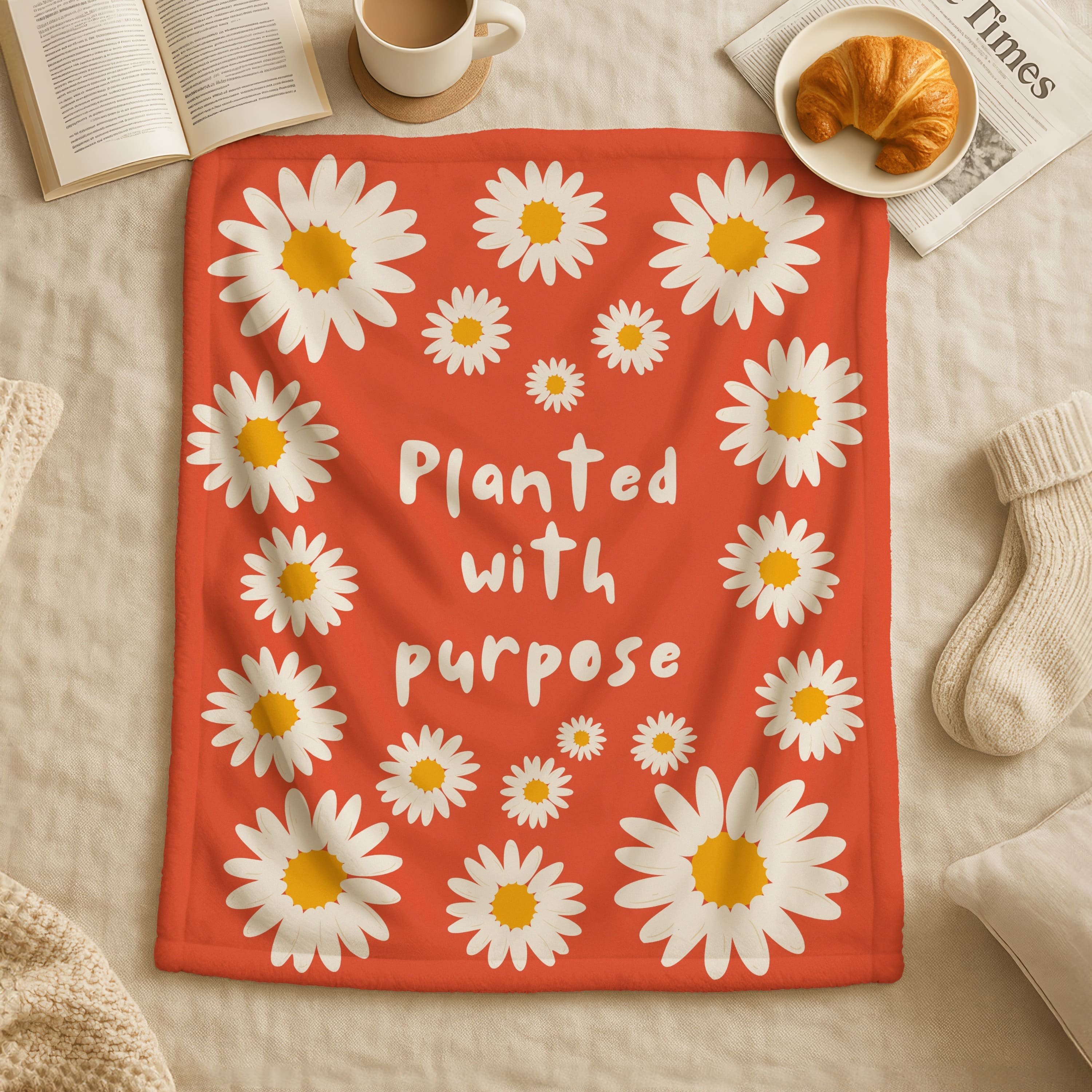 Orange blanket with cute white daisy flowers and inspirational Planted with Purpose bible verse