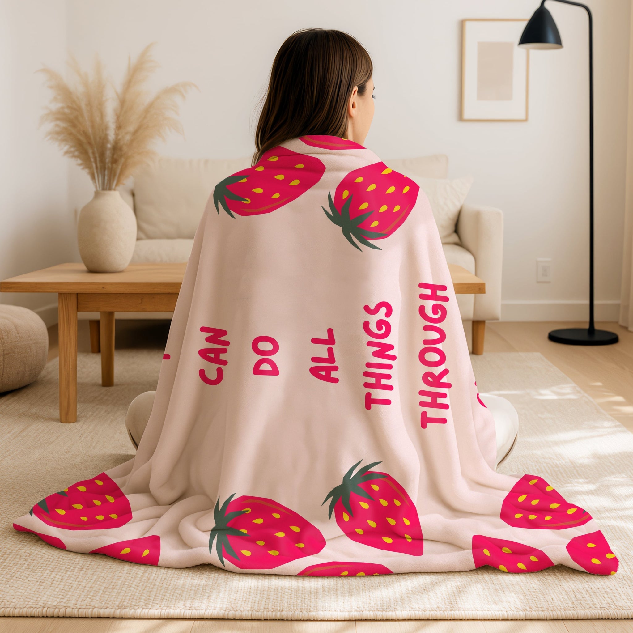 Cozy Christian scripture blanket in pink with hot pink lettering and strawberry border