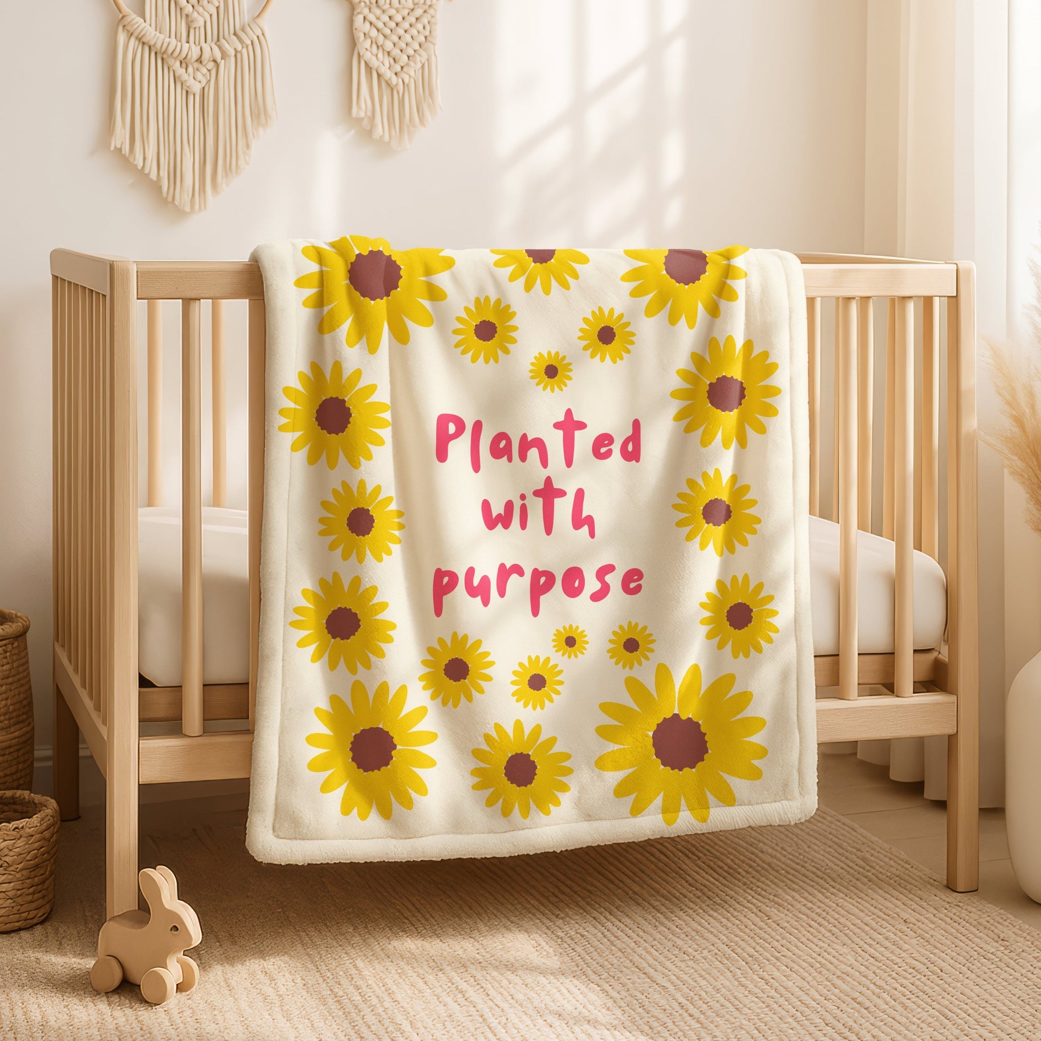 Planted with Purpose blanket in soft cream with golden yellow sunflower border design, inspirational faith message in pink text, double-sided Christian throw blanket