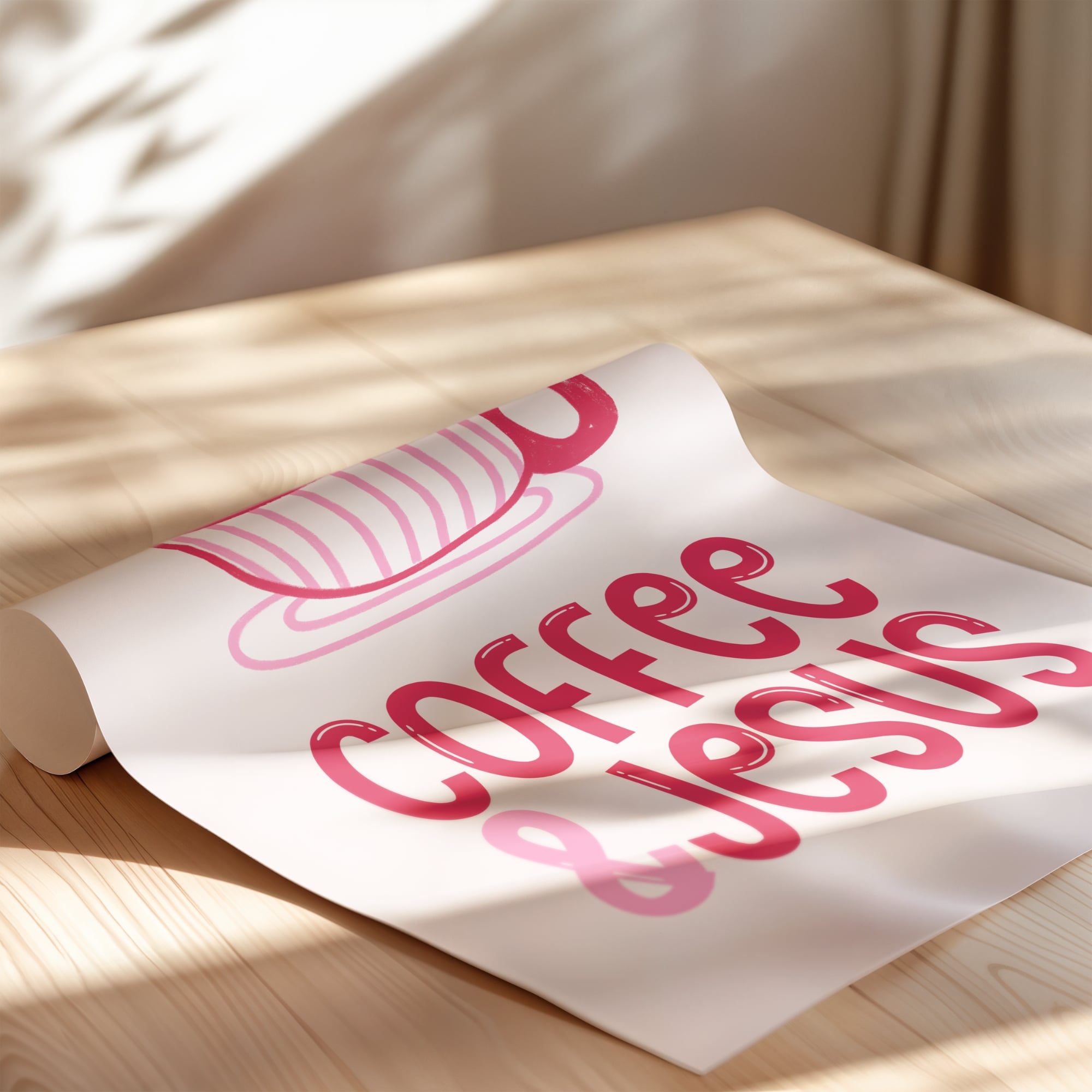 Close-up of Coffee and Jesus wall art showing paper texture and vibrant pink color