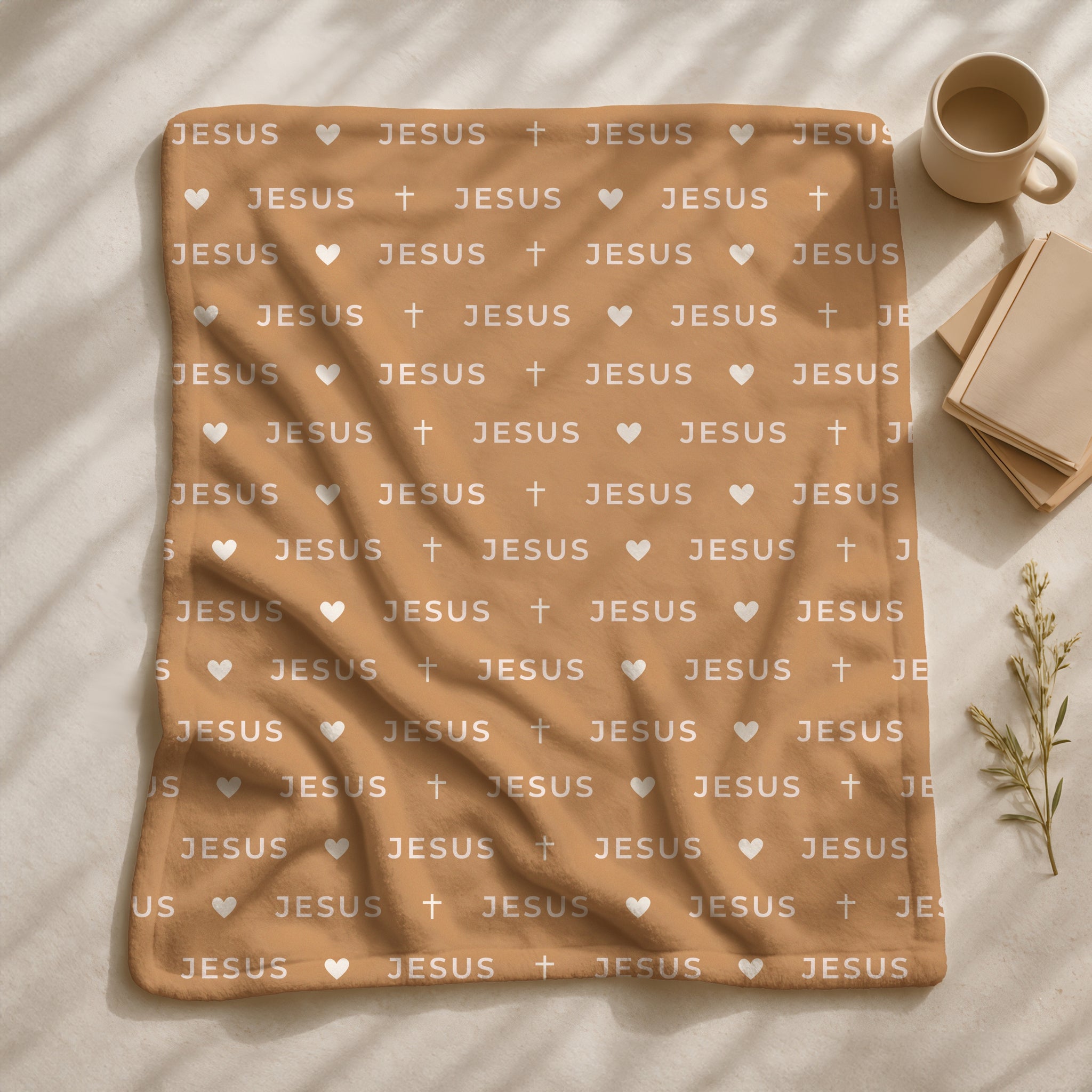 Christian faith throw blanket featuring JESUS text repeated across the fabric