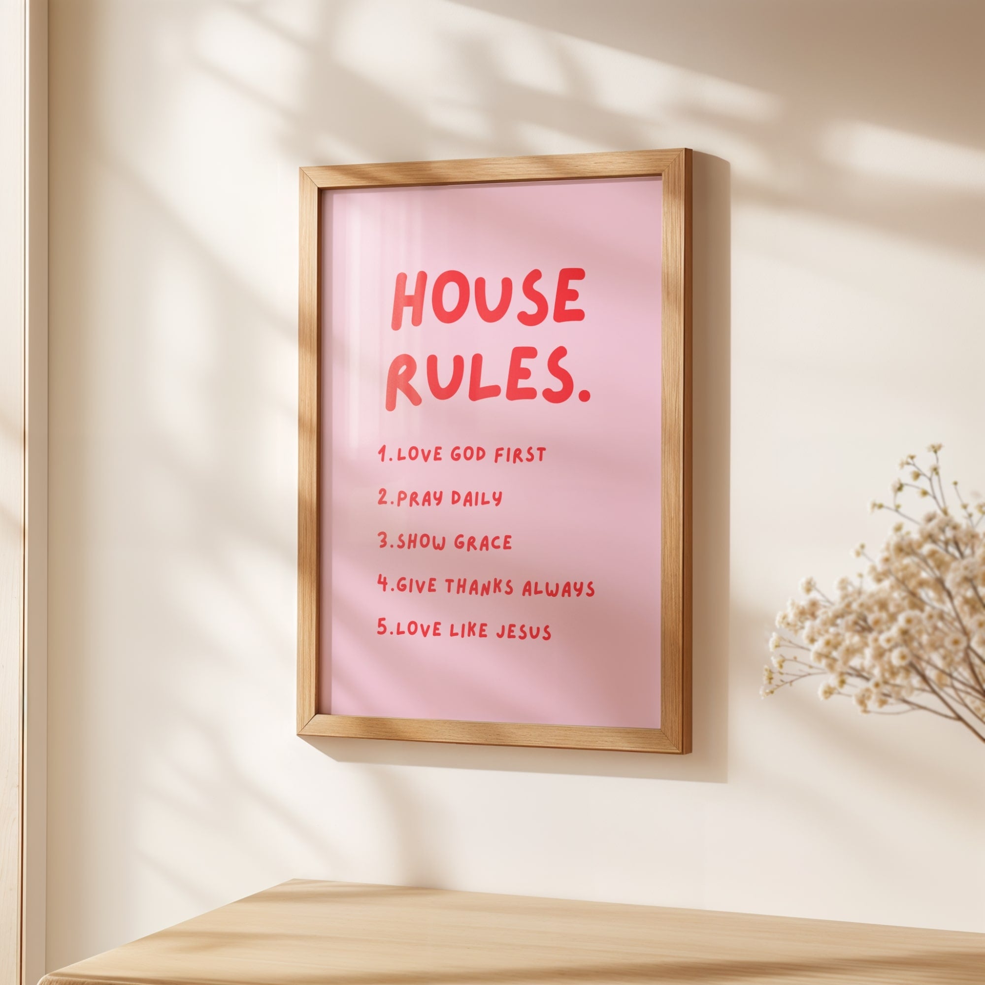 faith based house rules poster in trenddy pink and red