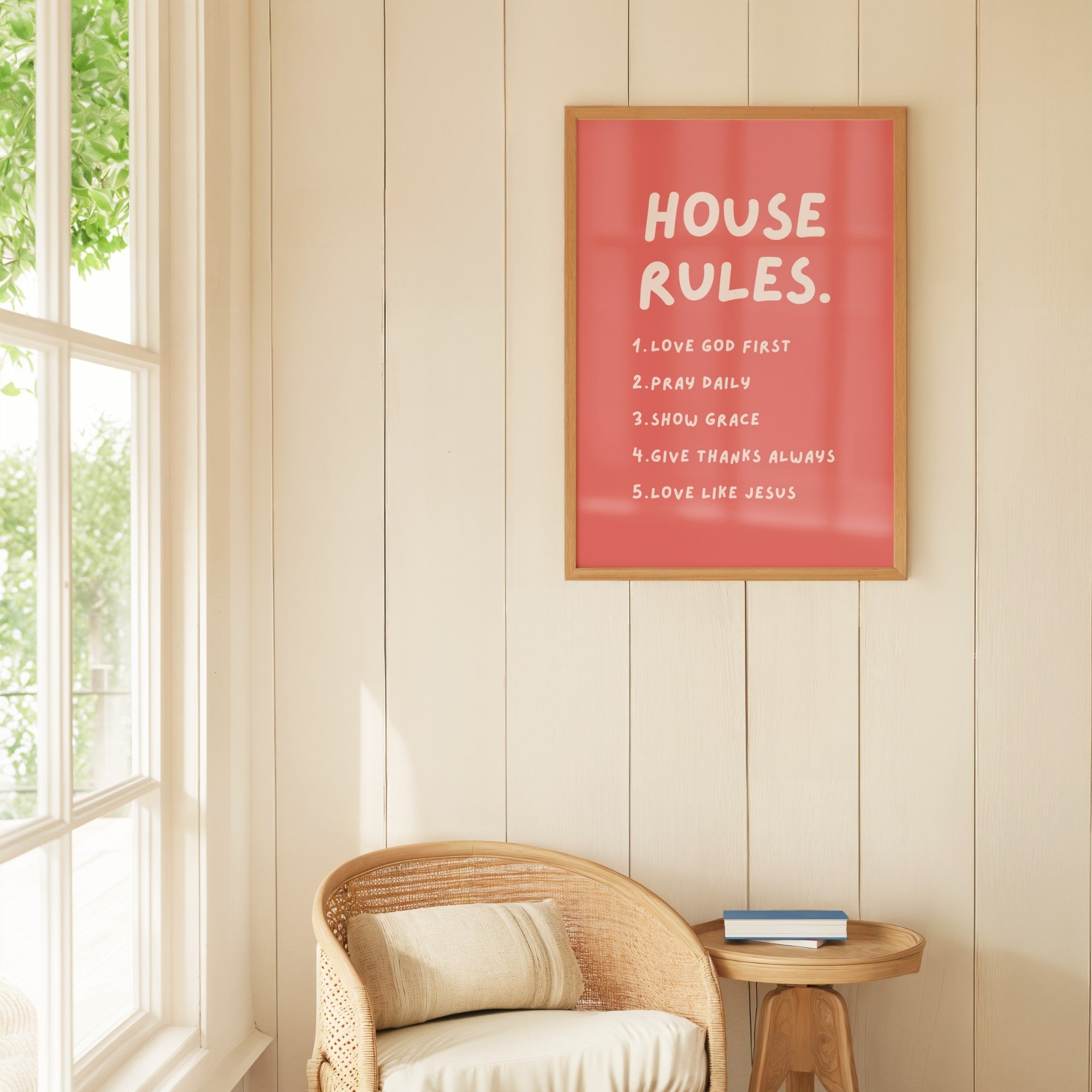 coral and pink trendy wall print with christian house rules