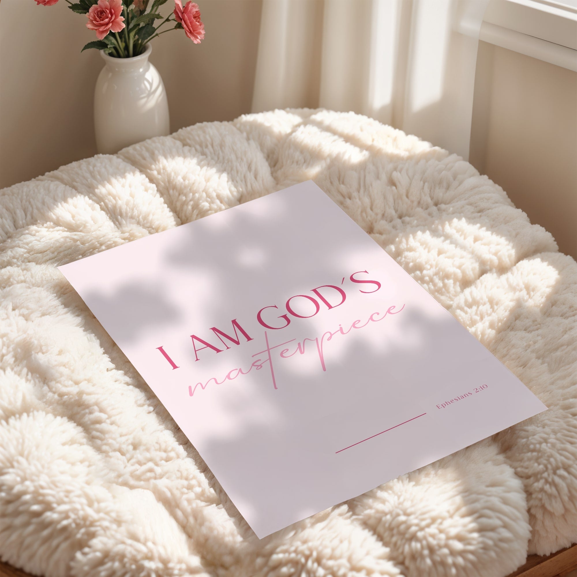 Inspirational scripture wall art in pink with “I Am God’s Masterpiece” quote.