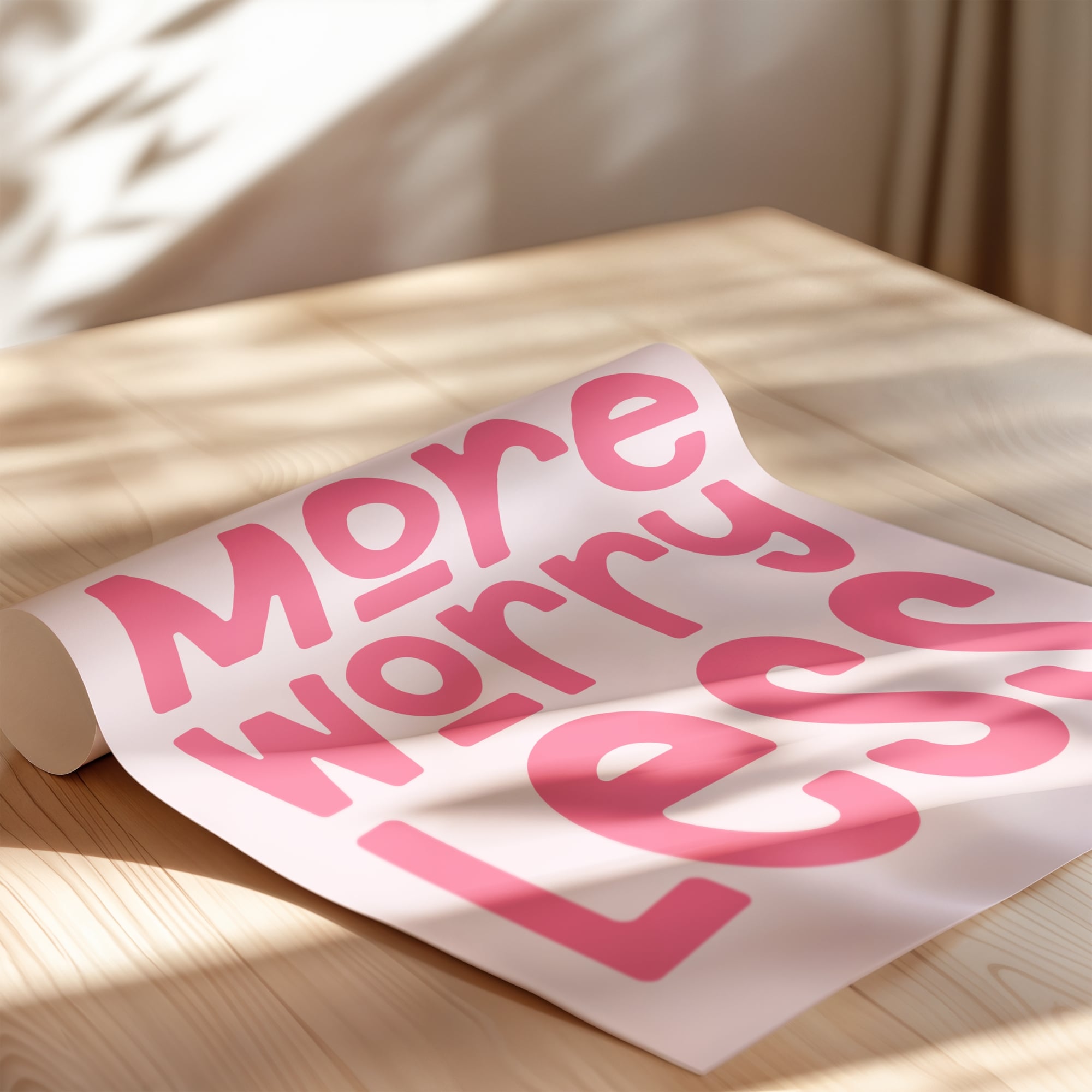 Inspirational Bible verse wall art with “Pray More Worry Less” quote in soft pink.