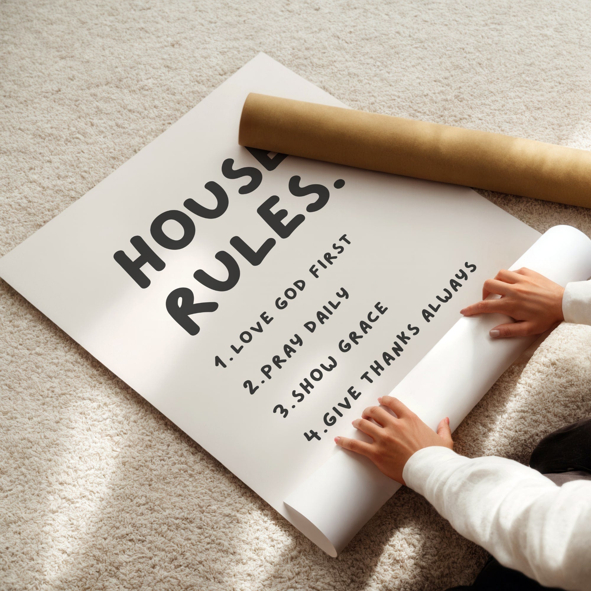 Inspirational house rules wall print with Bible-based values, uplifting Christian décor for cozy, faith-filled interiors.